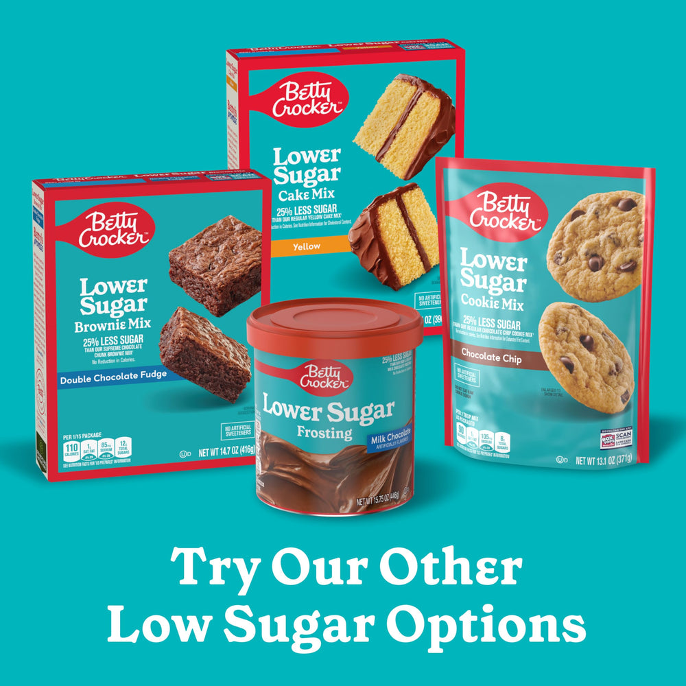 Betty Crocker Lower Sugar pantry staple box on a shelf.