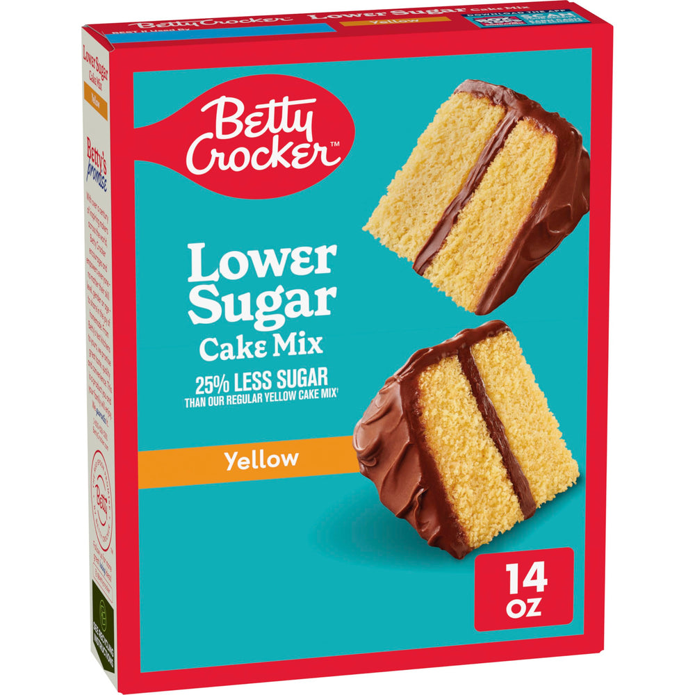 Betty Crocker Lower Sugar Yellow Cake Mix box shown for quick desserts