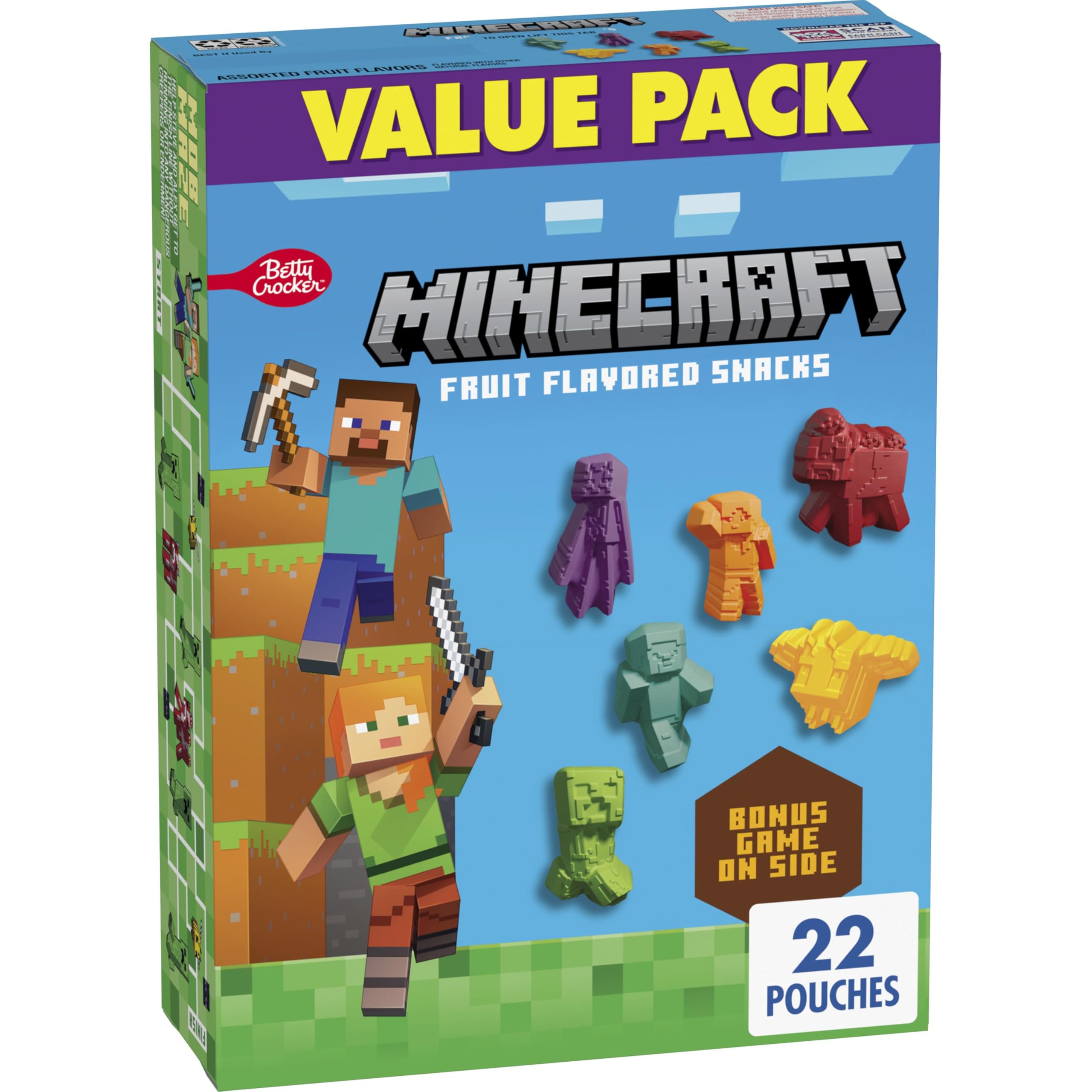 Betty Crocker Minecraft Fruit Flavored Snacks box front with value pack displayed