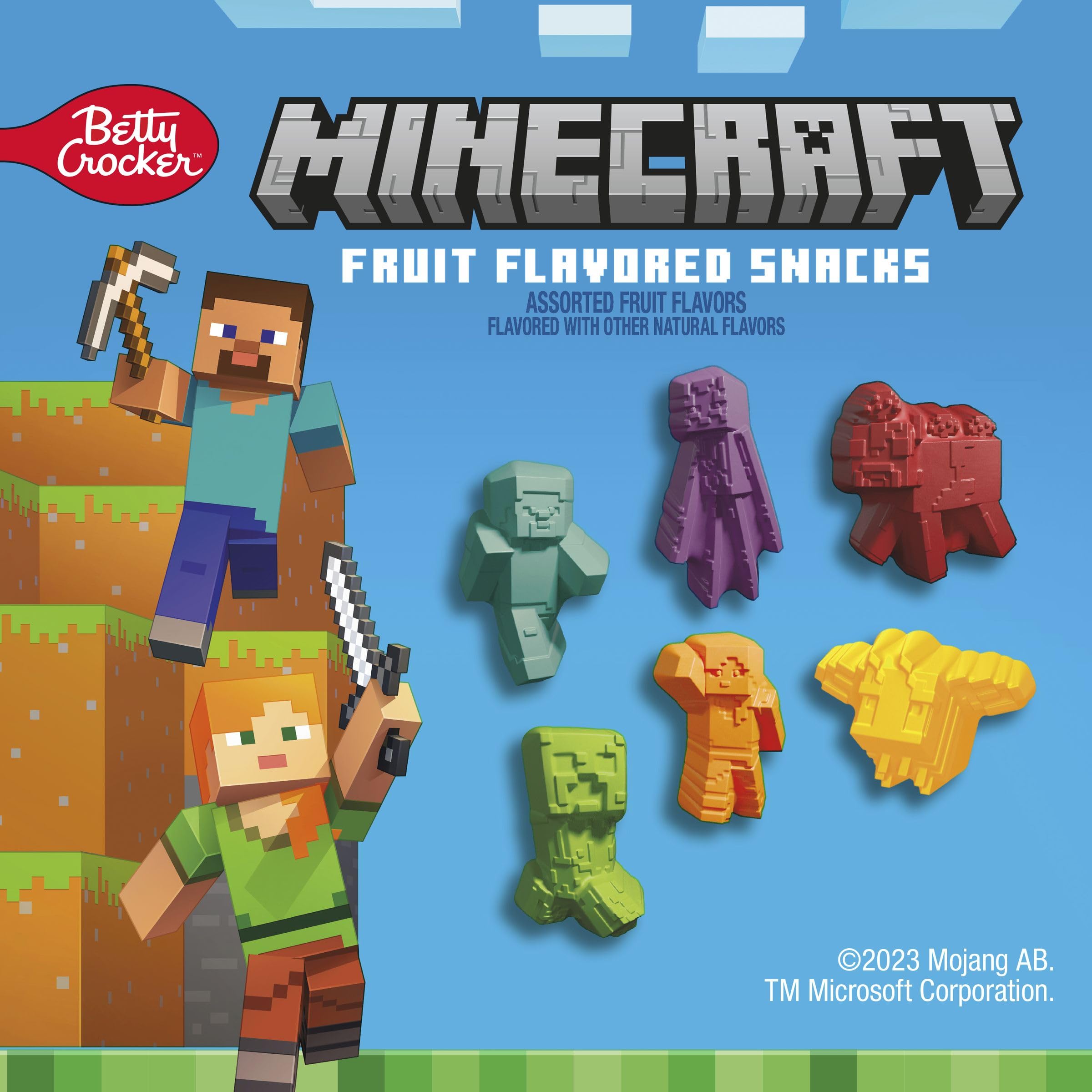 Betty Crocker Minecraft Fruit Flavored Snacks pouch close-up with bright colors