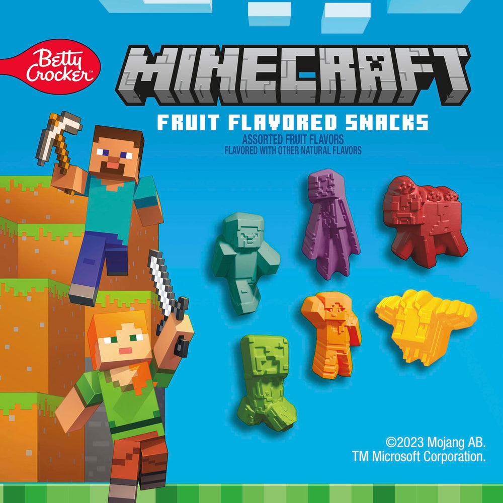 Betty Crocker Minecraft Fruit Flavored Snacks pouch close-up with bright colors