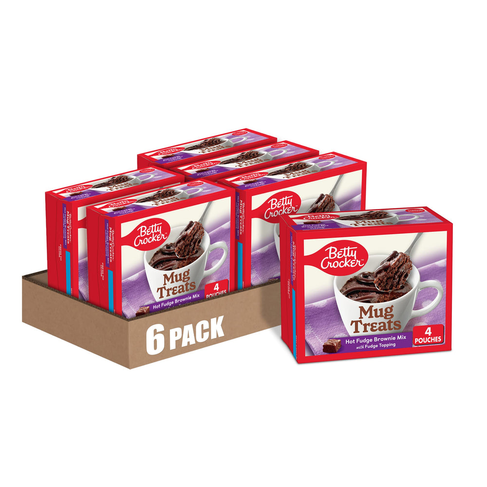 Betty Crocker Mug Treats hot fudge brownie mix packaging with six servings.