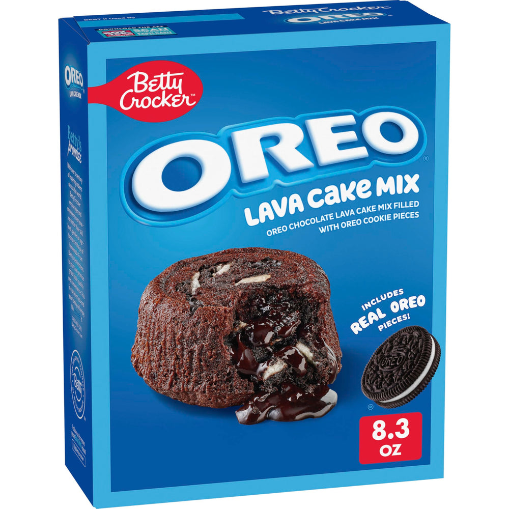 Betty Crocker OREO lava cake mix base with real cookie pieces for easy indulgence