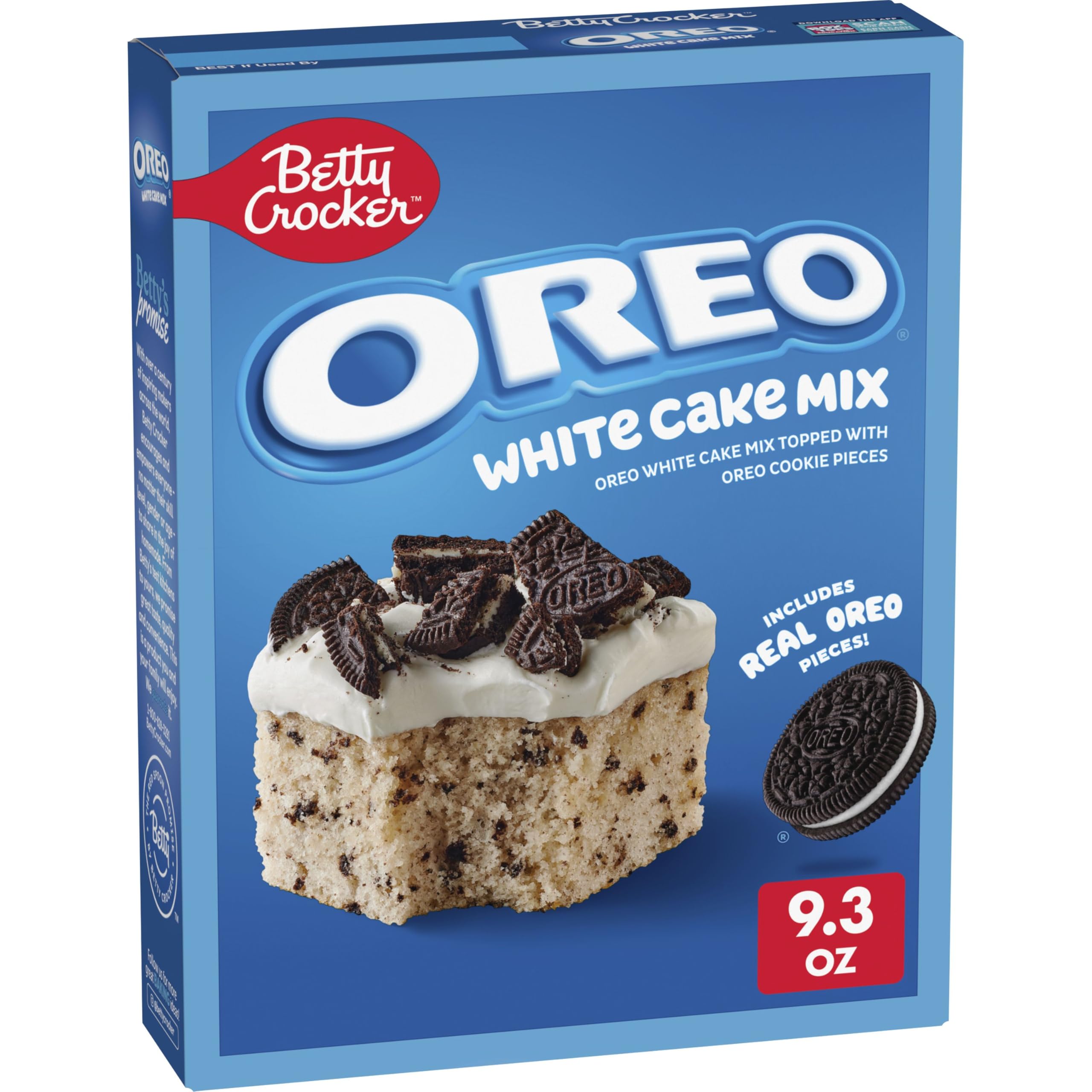 Betty Crocker OREO White Cake Mix box with real Oreo pieces for easy baking.