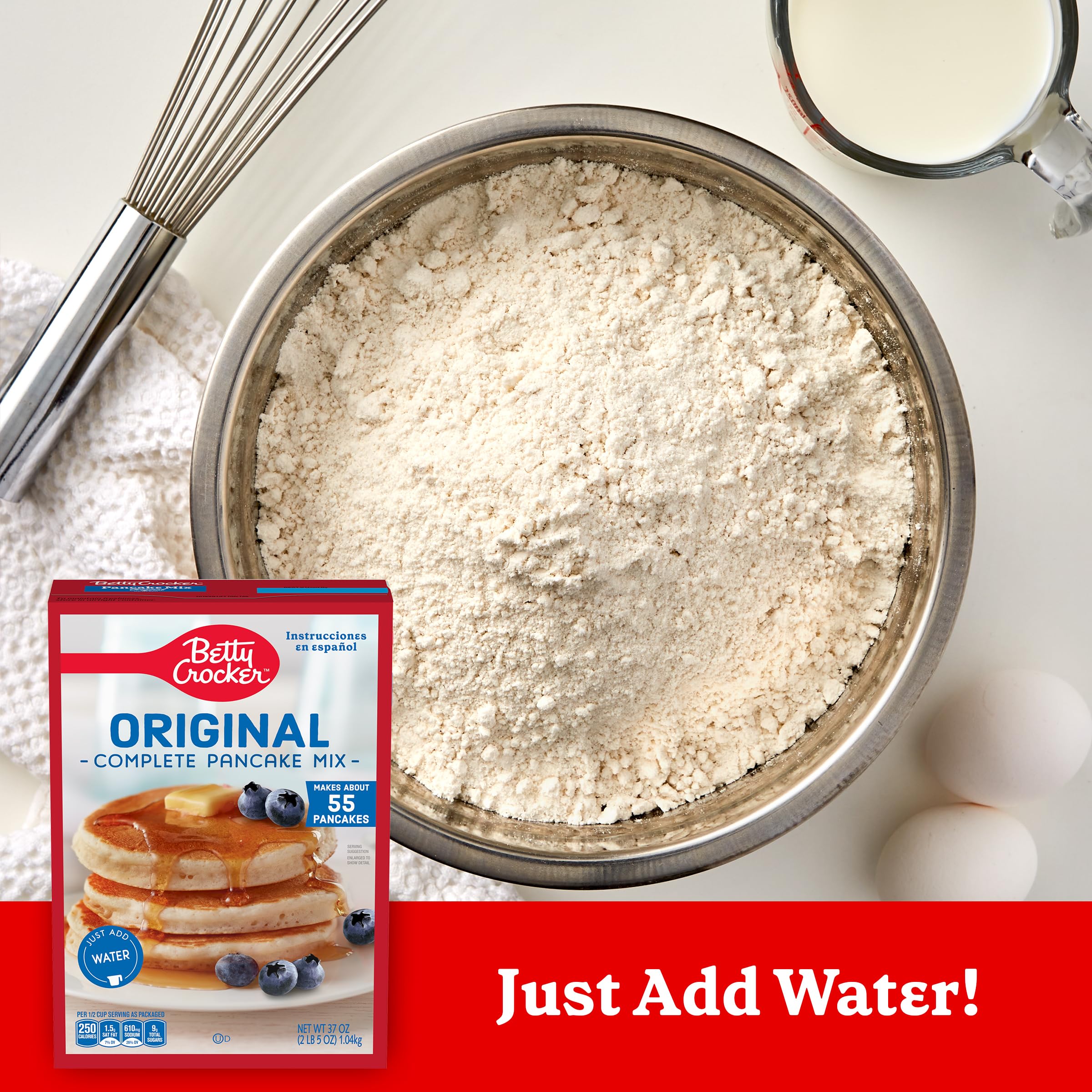 Betty Crocker pancake mix 37 oz package on pantry shelf for easy access.