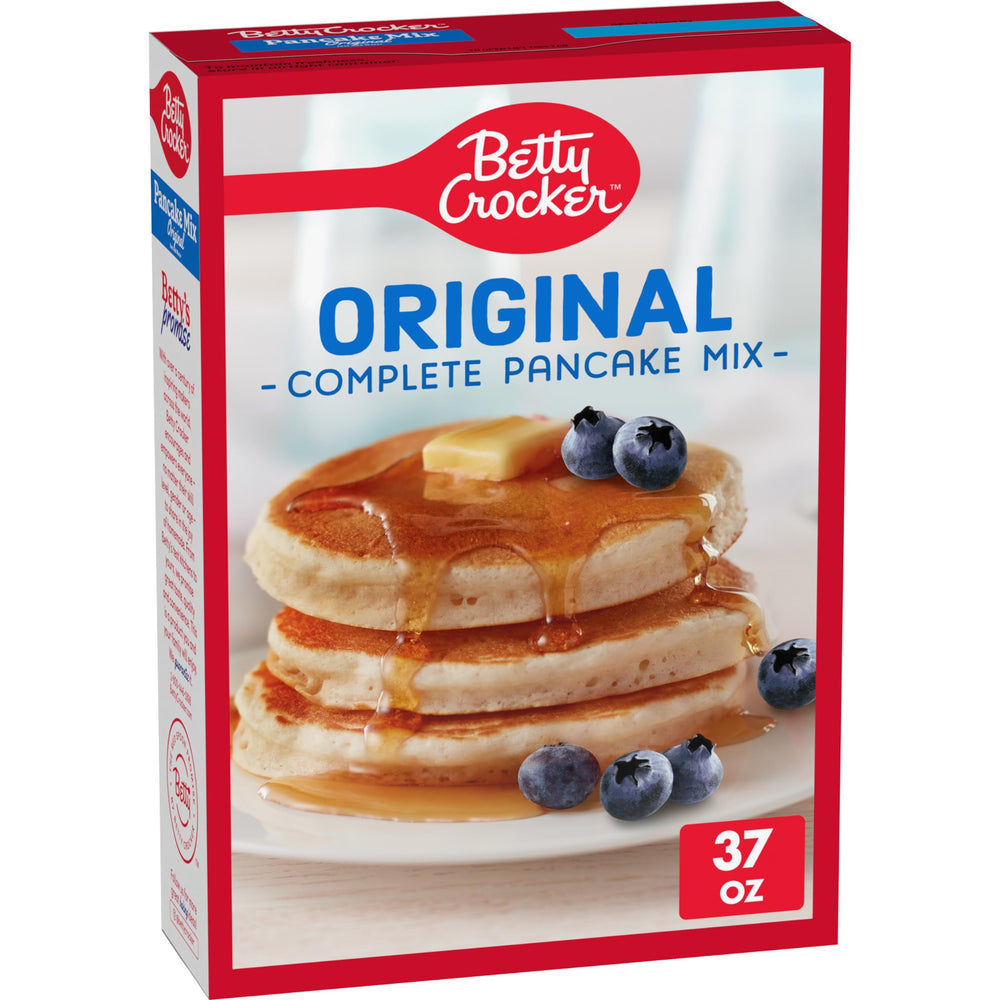 Betty Crocker pancake mix pour shows quick, reliable breakfast prep with just water.