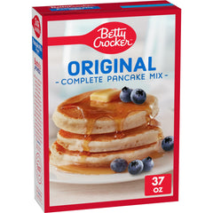 Betty Crocker pancake mix pour shows quick, reliable breakfast prep with just water.