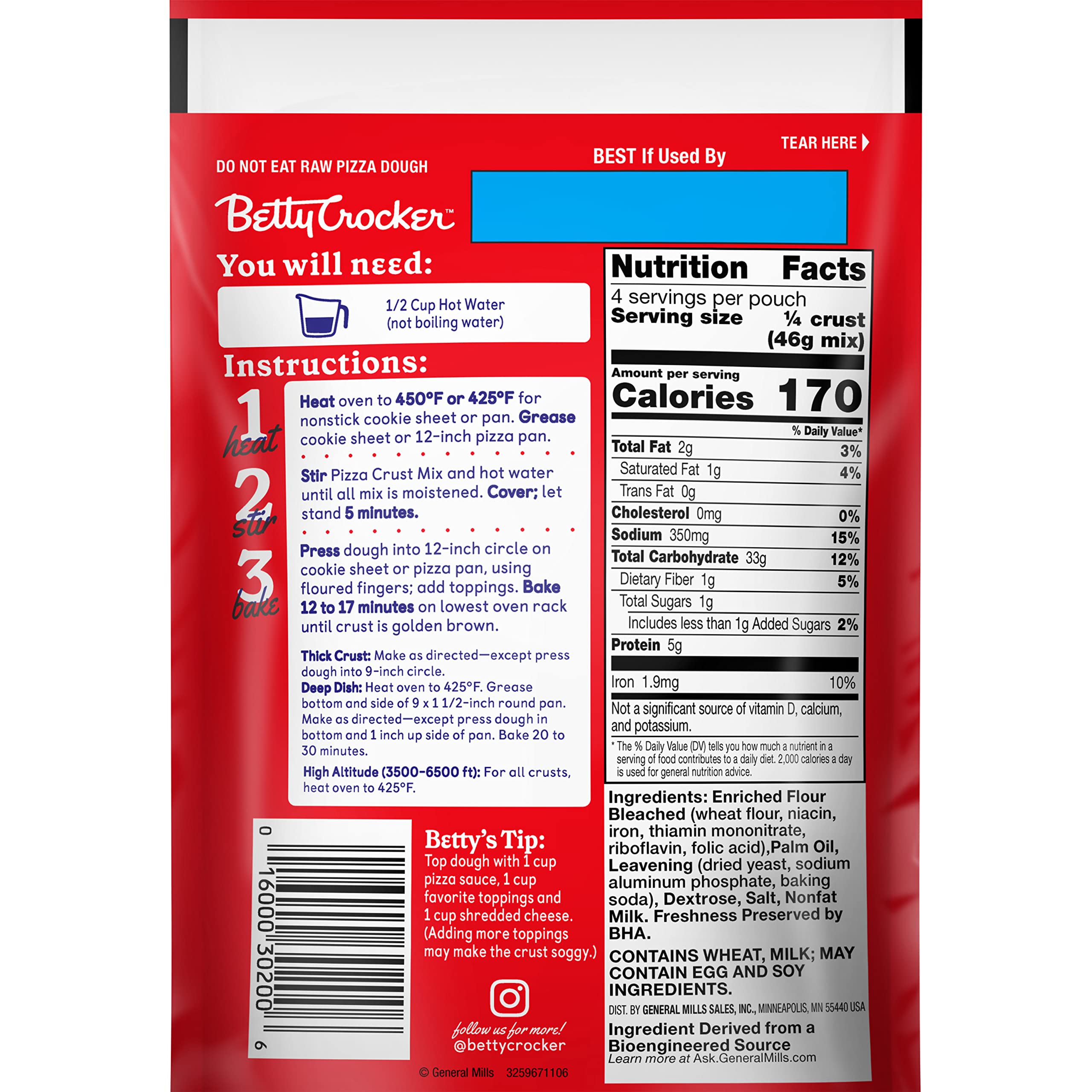 Betty Crocker Pizza Crust Mix adding hot water shown, quick prep for weeknight meals