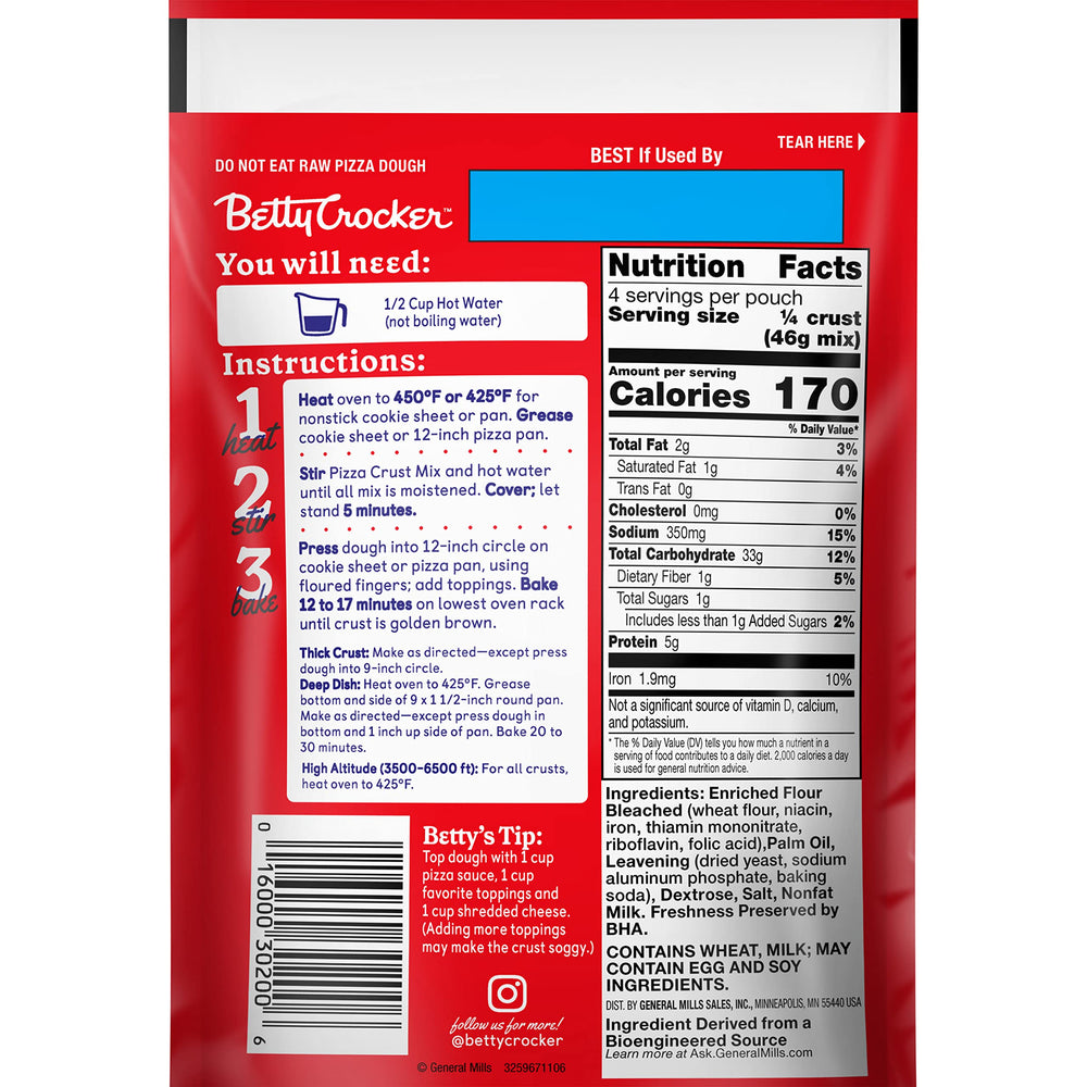 Betty Crocker Pizza Crust Mix adding hot water shown, quick prep for weeknight meals