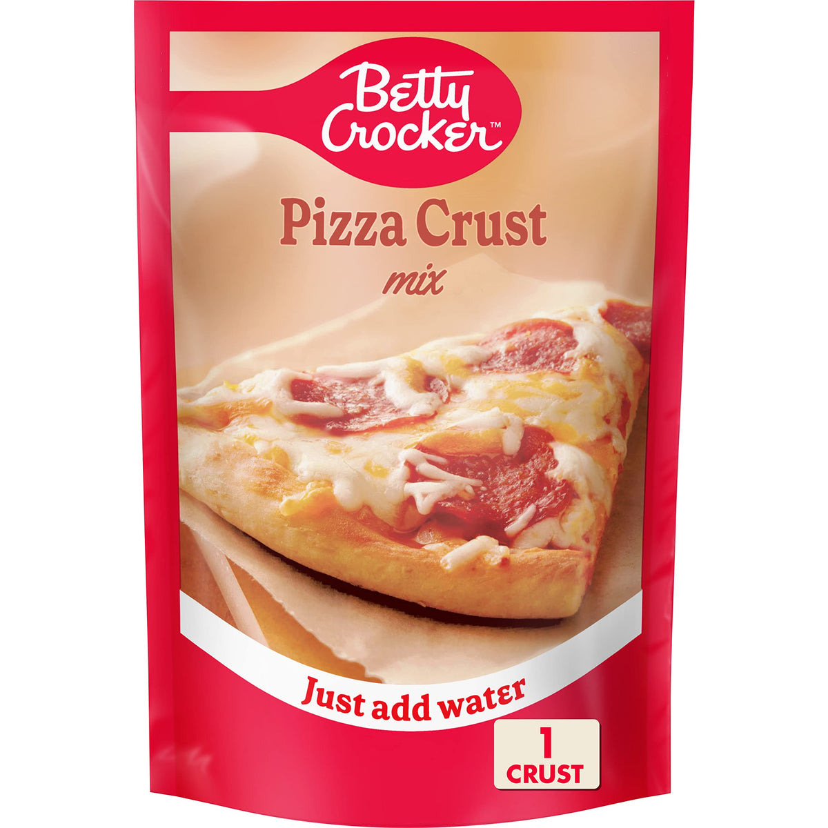 Betty Crocker Pizza Crust Mix packaging shows a convenient 6.5 oz bag for easy weeknight pizza