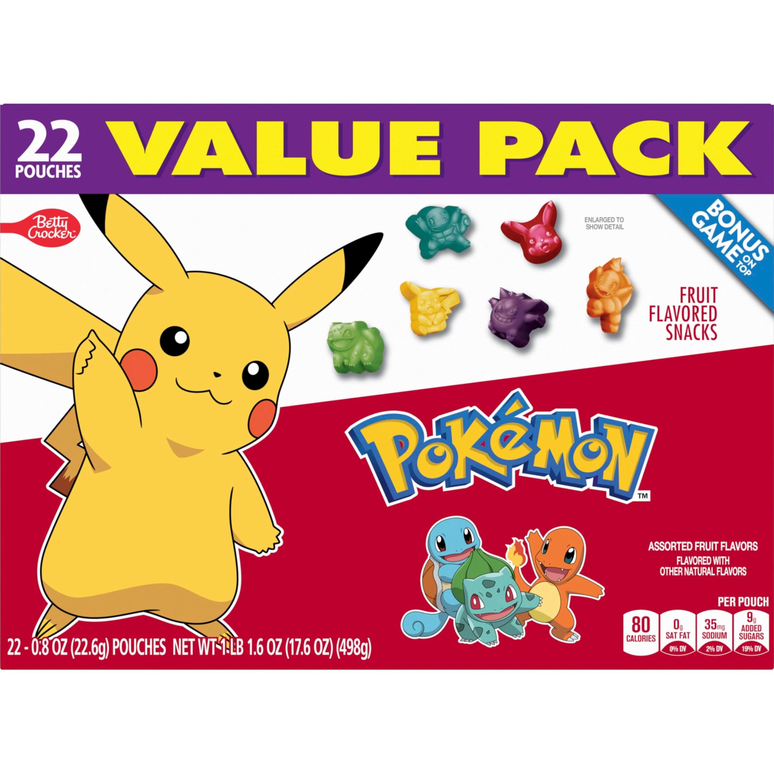 Nutrition label of Betty Crocker Pokemon Fruit Snacks with gluten-free details