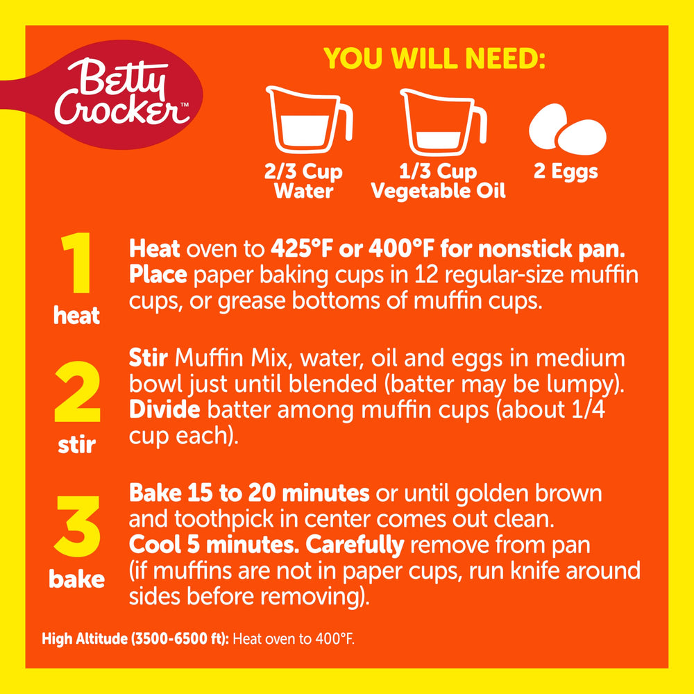 Betty Crocker REESE'S Muffin Mix bowl scene shows simple steps for fast bake.