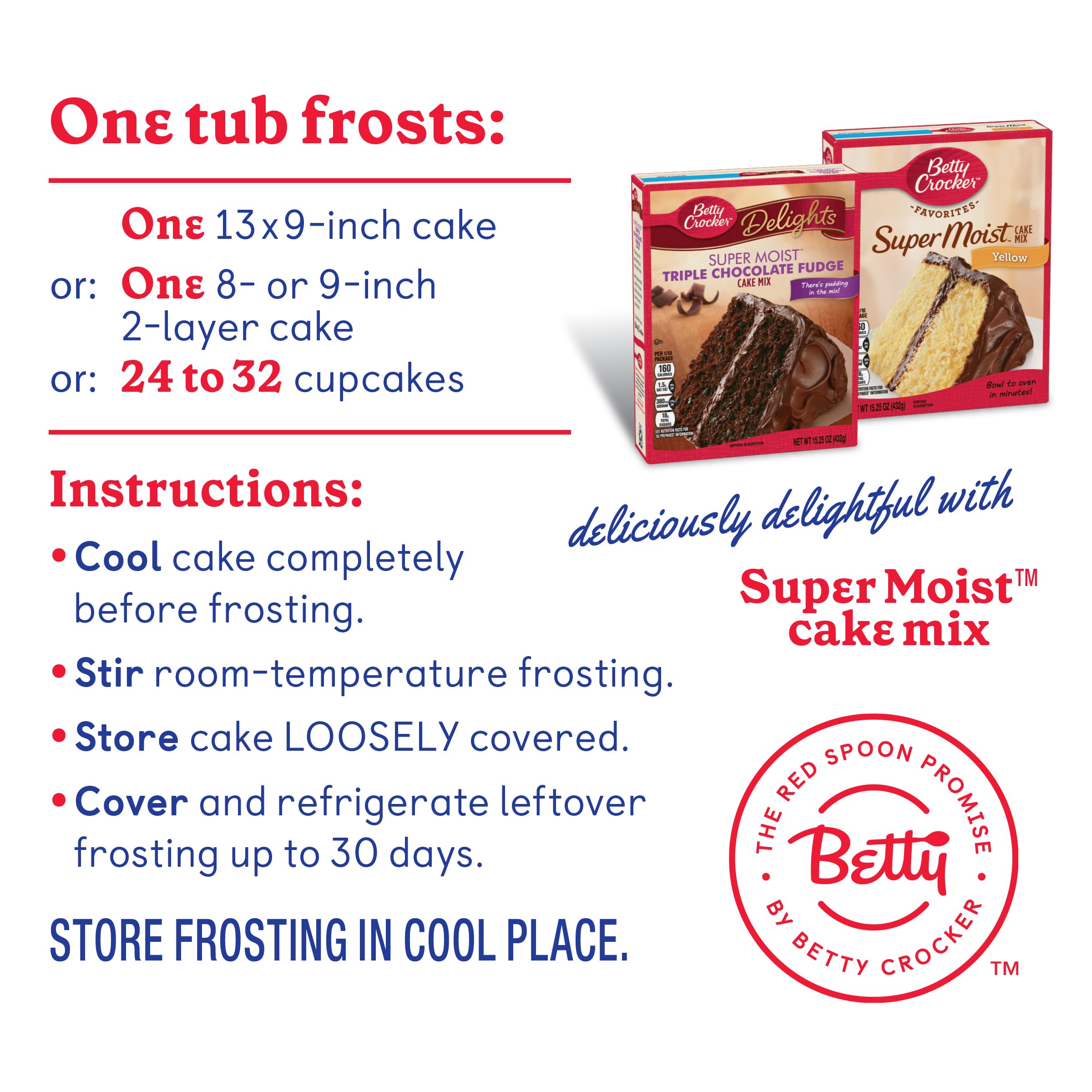 Tub of Betty Crocker frosting shown with baking supplies