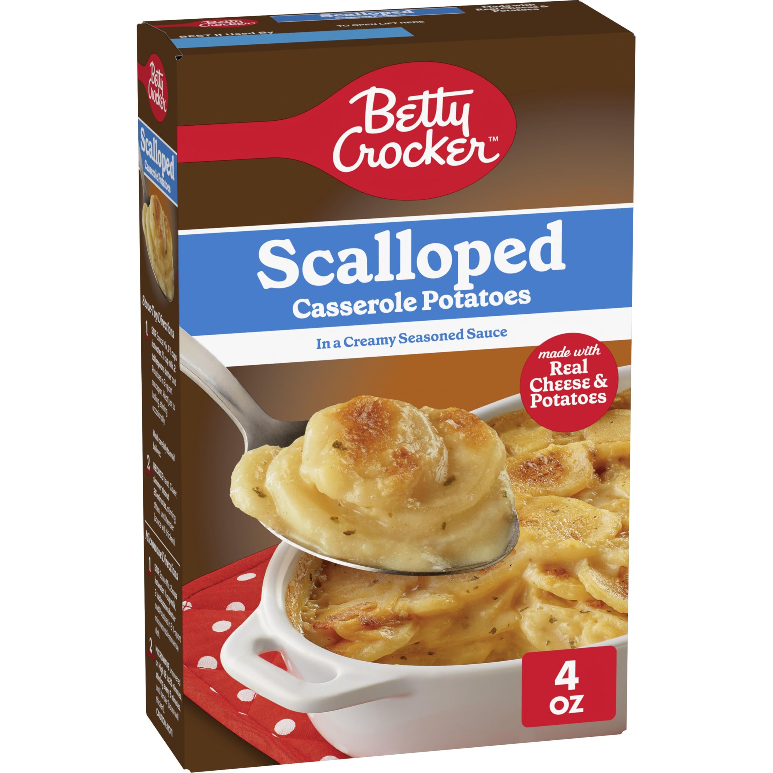 Betty Crocker Scalloped Potatoes box front, a quick side option for weeknight dinners
