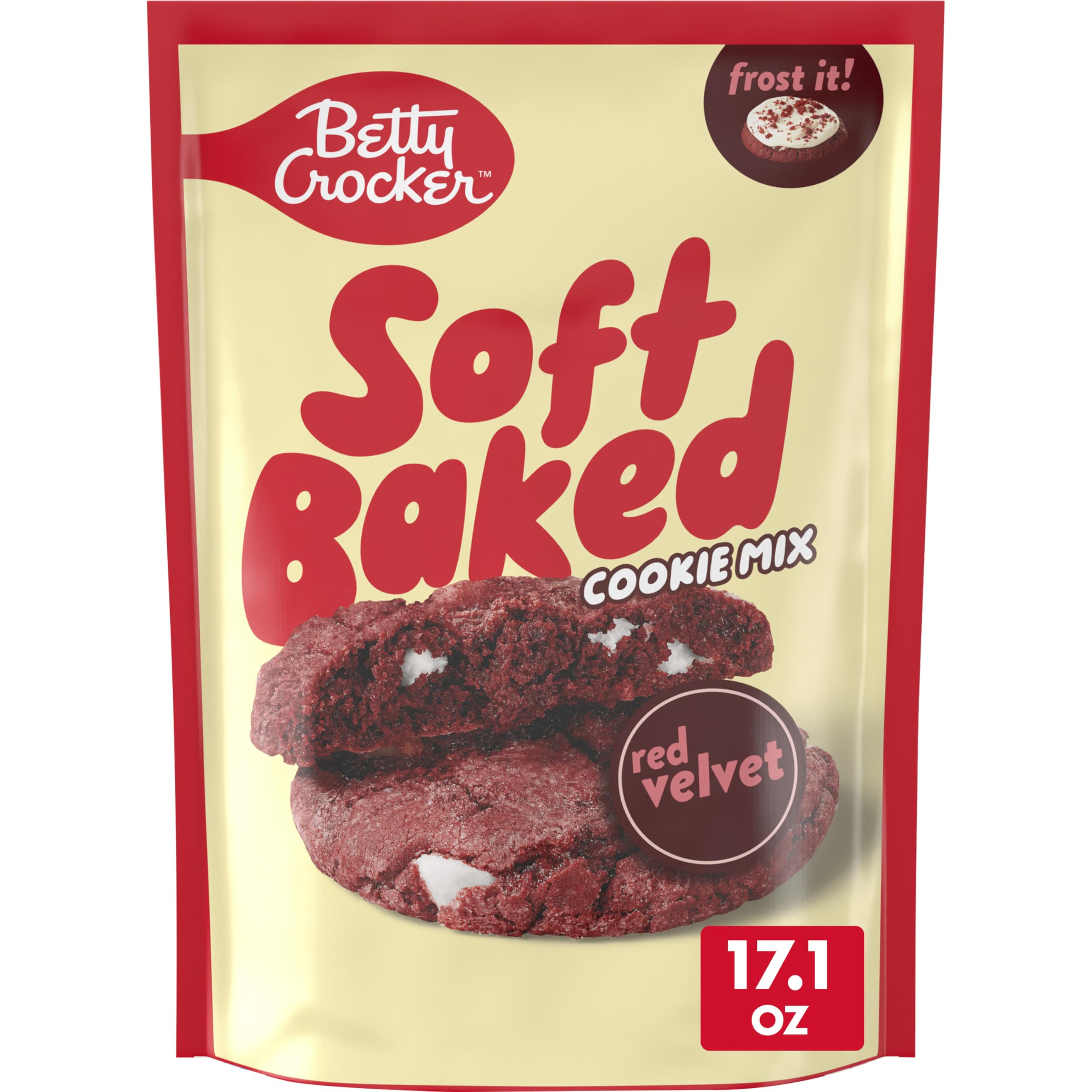 Betty Crocker Soft Baked Red Velvet cookie mix box closeup for quick dessert prep