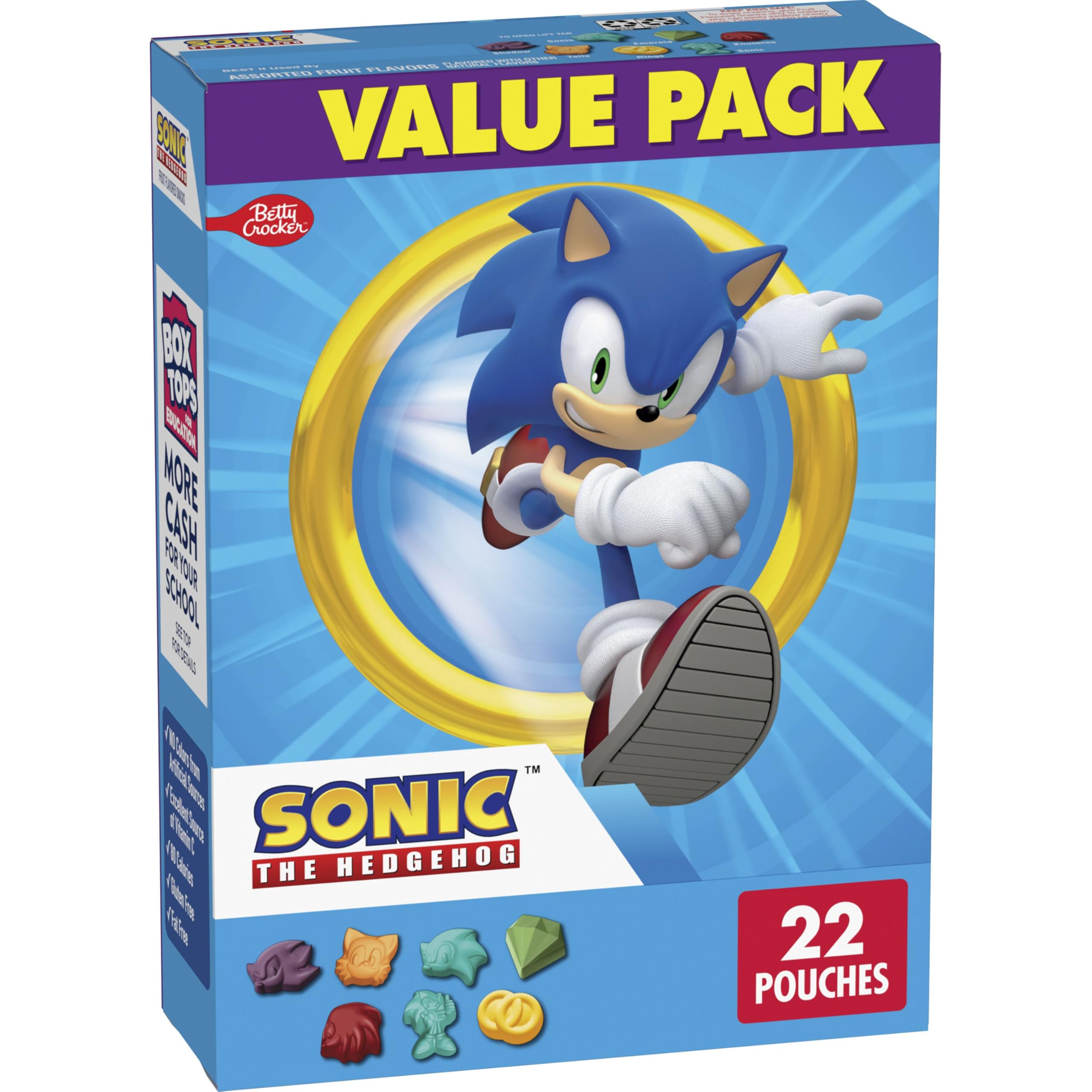 Betty Crocker Sonic Fruit Snacks box showing 22 pouches, ideal for on-the-go lunches.