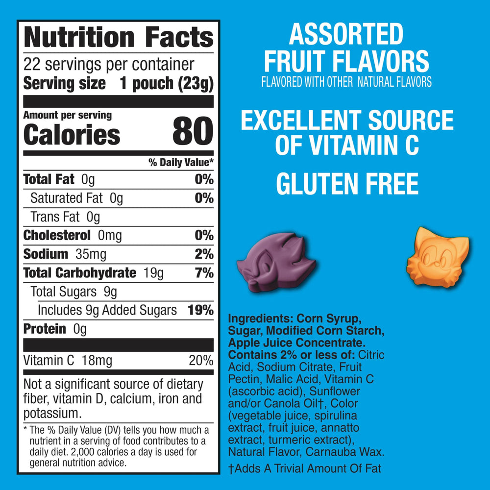 Betty Crocker Sonic Fruit Snacks pouches with kid-friendly shapes boost snack time fun.