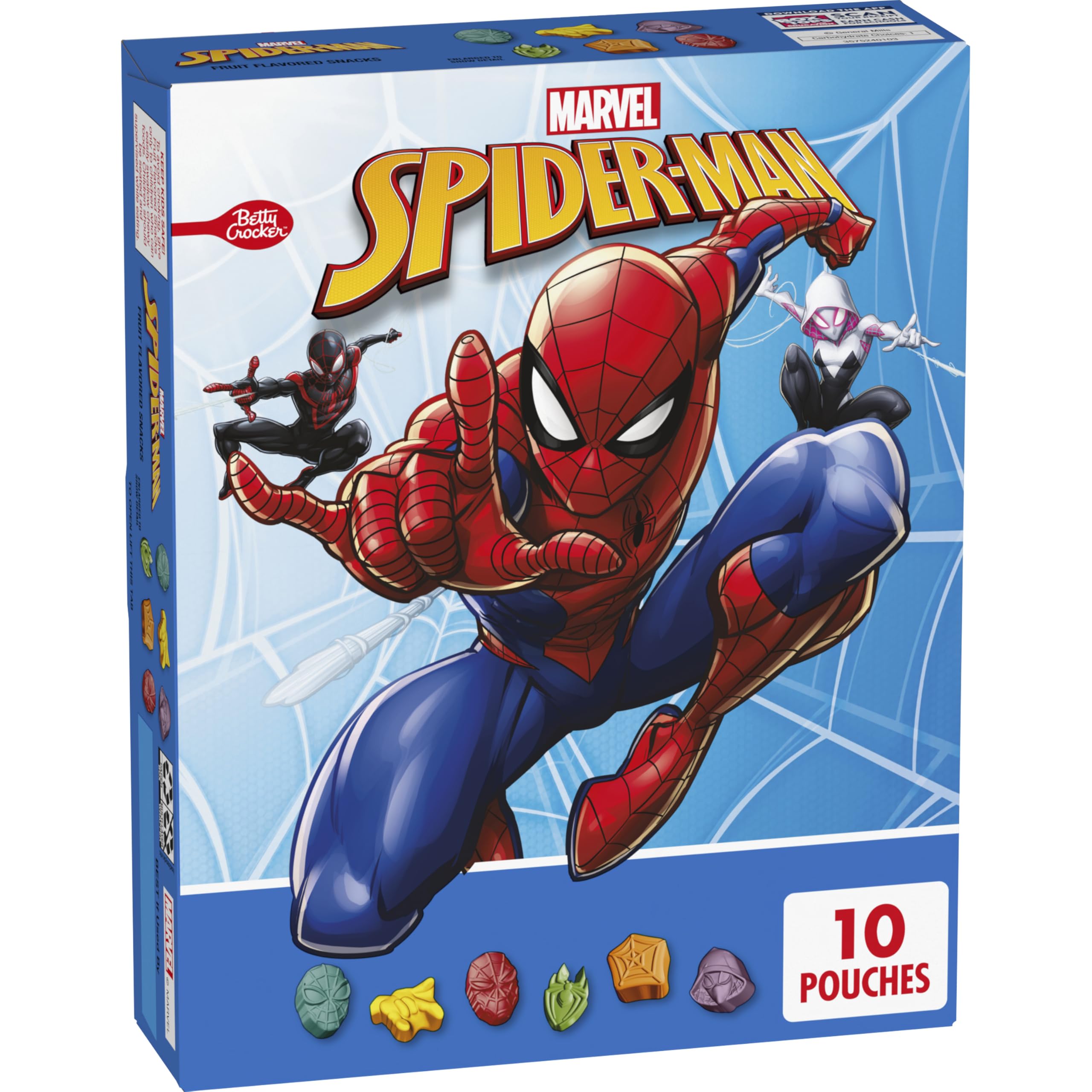 Betty Crocker Spiderman fruit snacks pouch with character shapes, great for lunch boxes