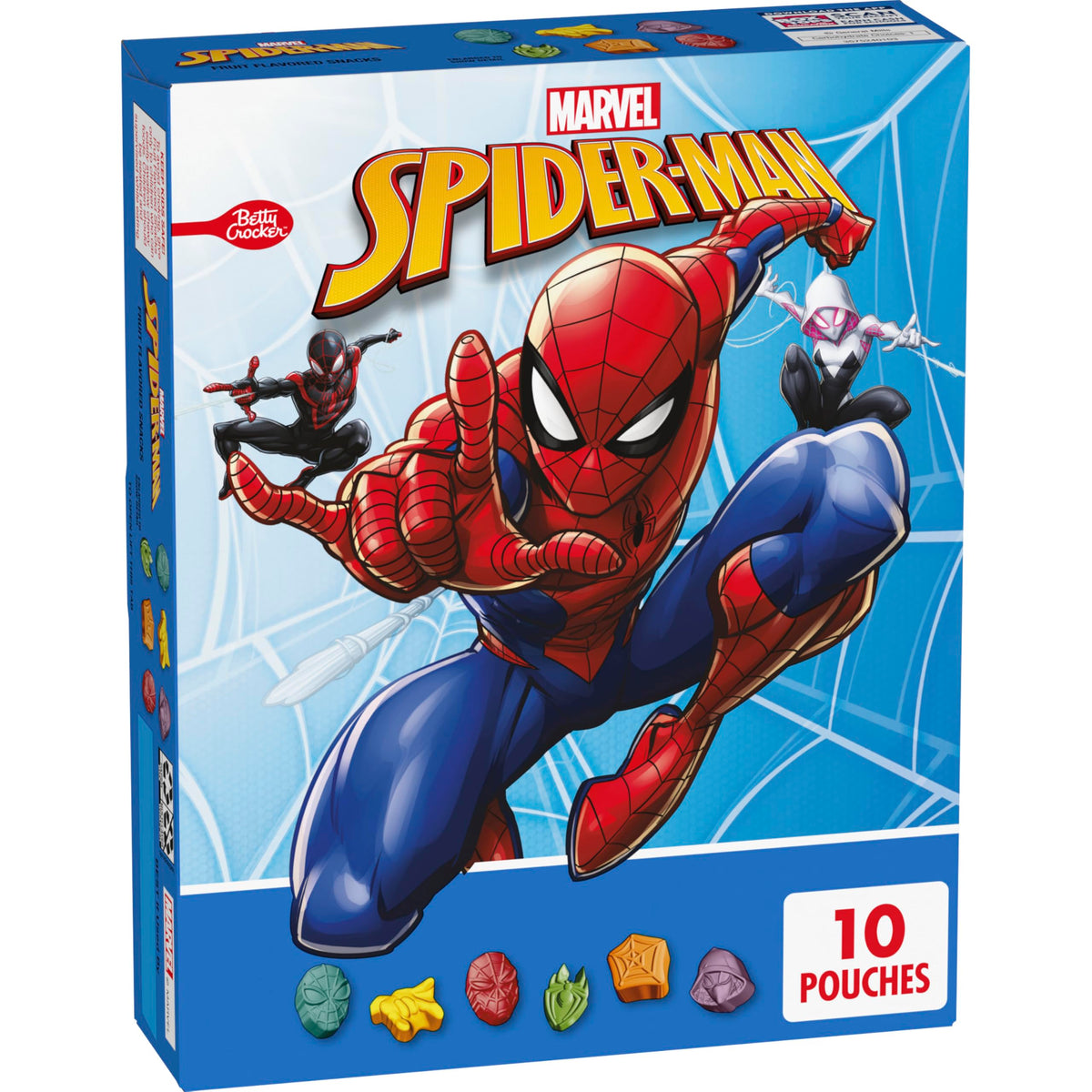 Betty Crocker Spiderman fruit snacks pouch with character shapes, great for lunch boxes