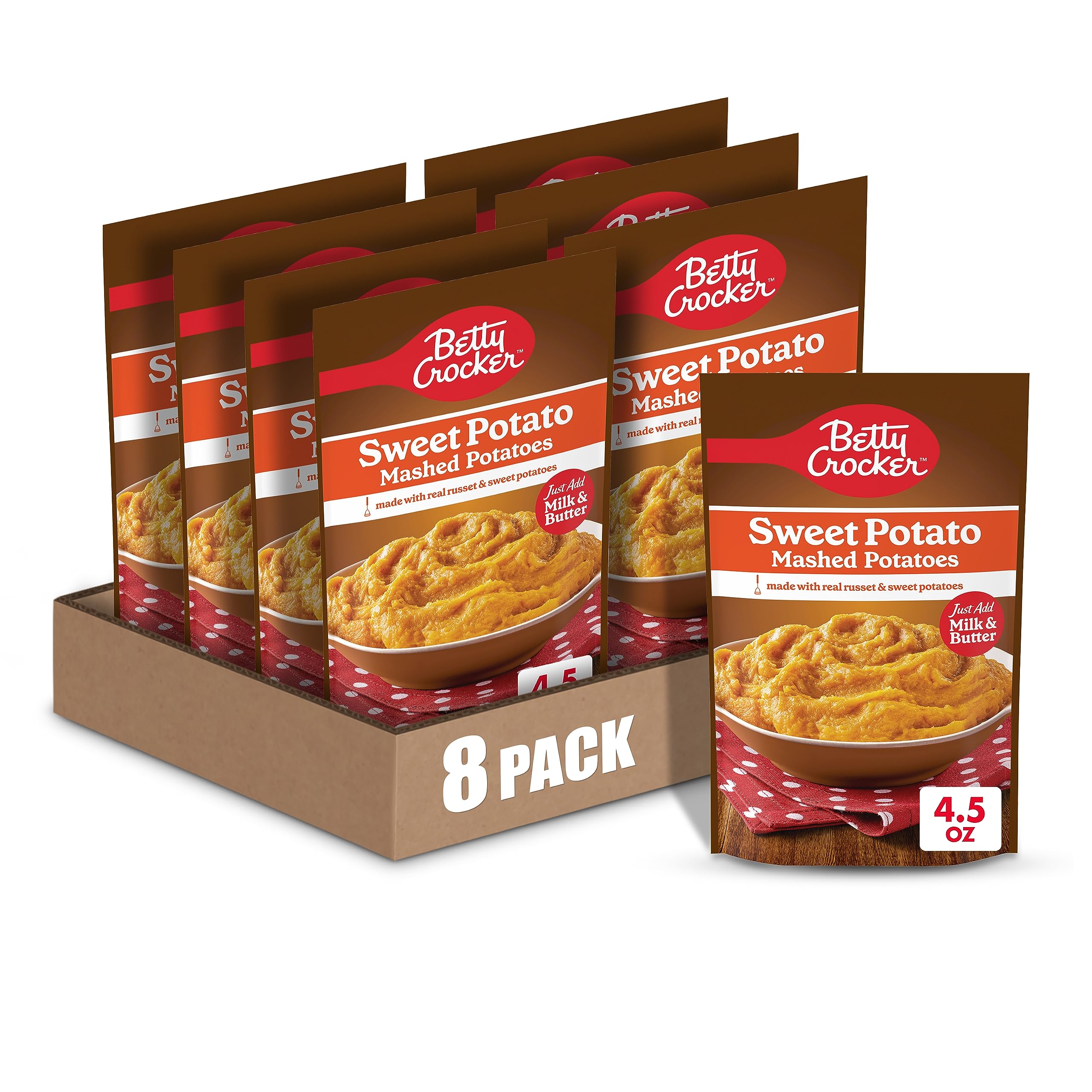 Betty Crocker Sweet Potato Mashed Potatoes pouch front: quick, convenient side for weeknights.