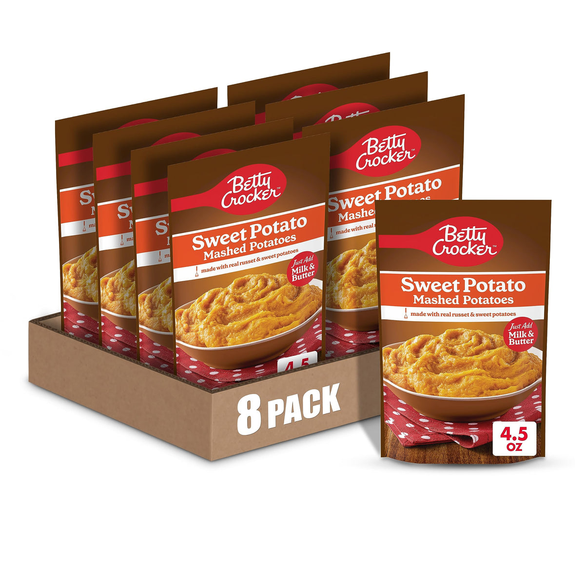 Betty Crocker Sweet Potato Mashed Potatoes pouch front: quick, convenient side for weeknights.