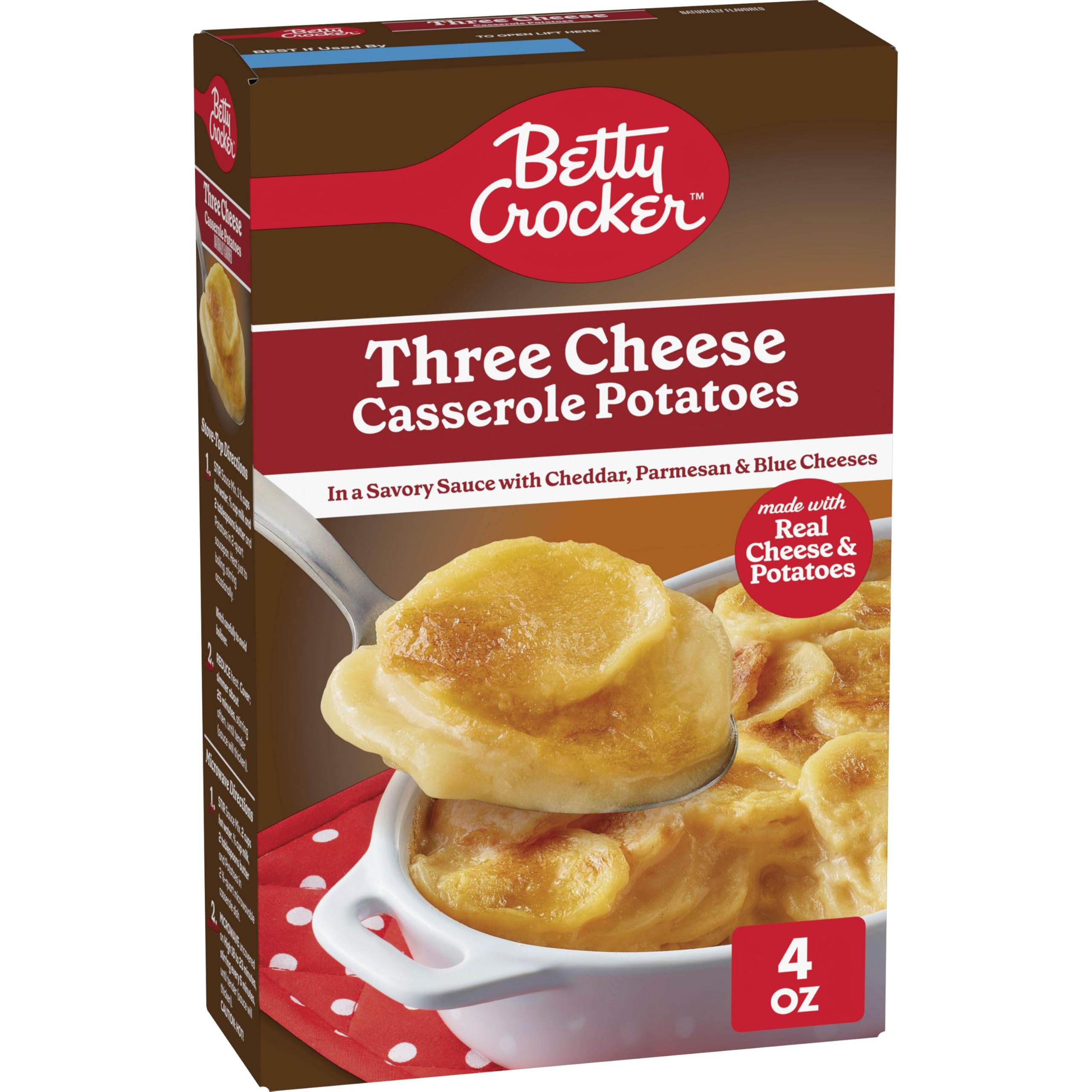Betty Crocker Three Cheese Potatoes box front shows a quick weeknight side.