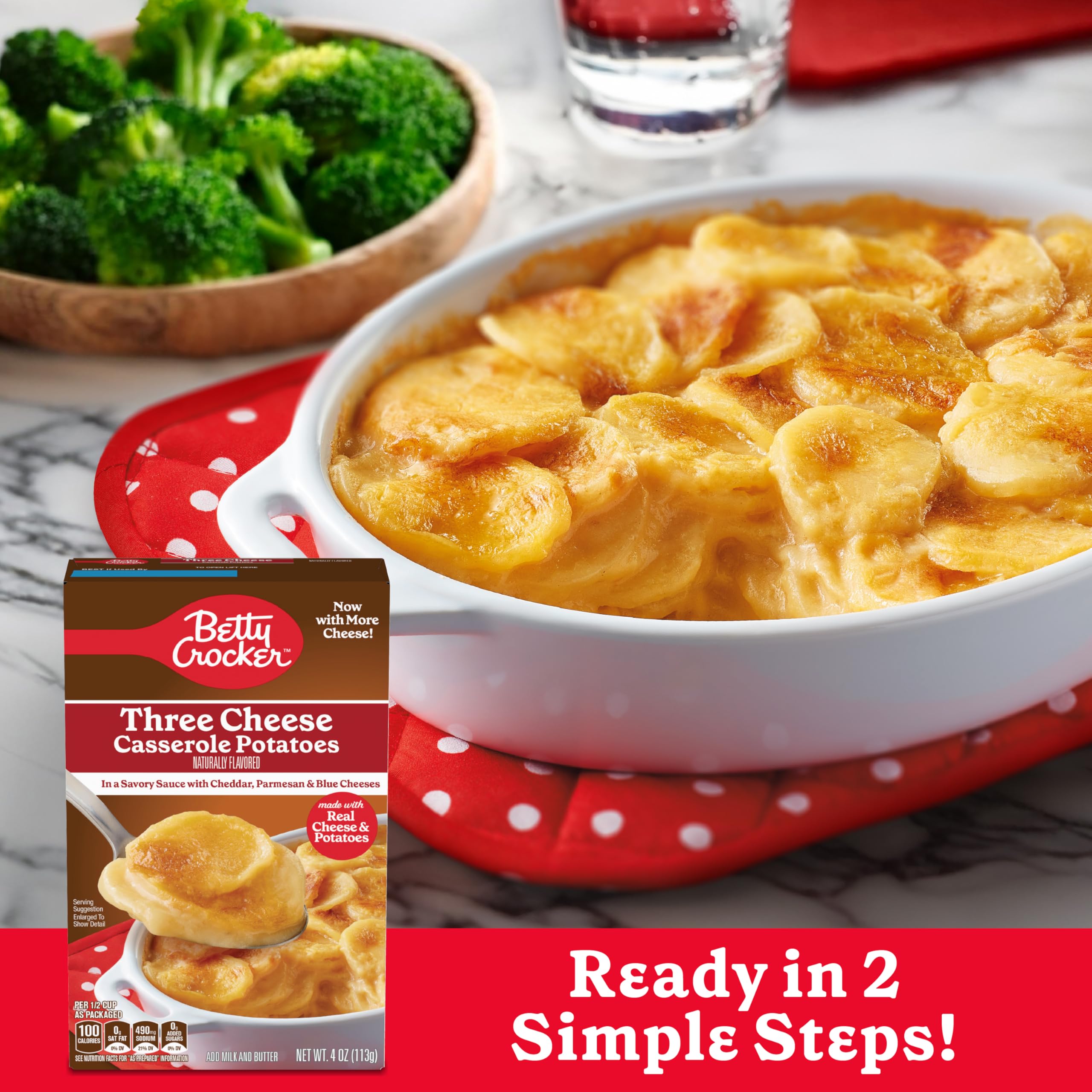 Betty Crocker Three Cheese Potatoes cook-step guide illustrates simple preparation.