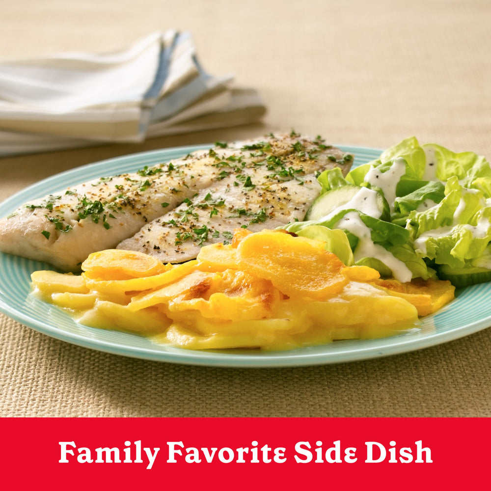 Betty Crocker Three Cheese Potatoes ready to serve image highlights convenience.