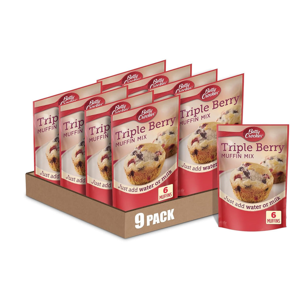 Betty Crocker Triple Berry Muffin Mix ready-to-bake batter for a quick family breakfast.