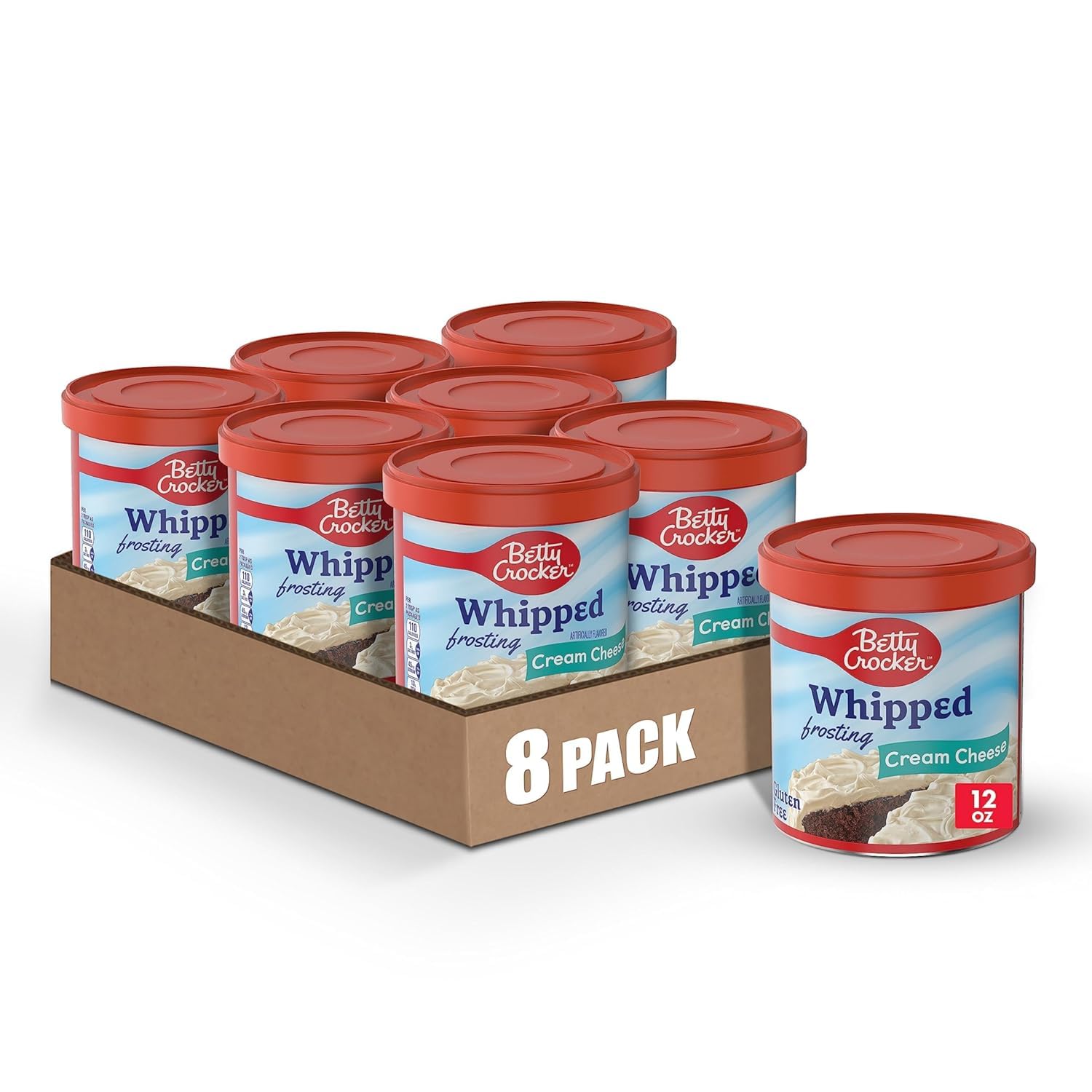 Betty Crocker whipped cream cheese frosting tub close-up for smooth topping.