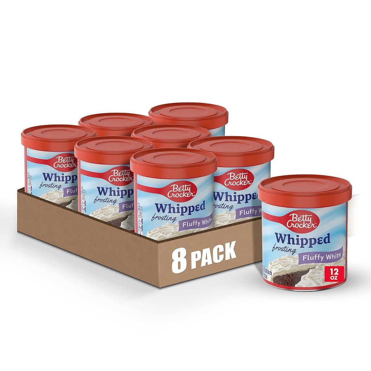 Betty Crocker Whipped Fluffy White Frosting tub, easy-to-spread topping for cakes.