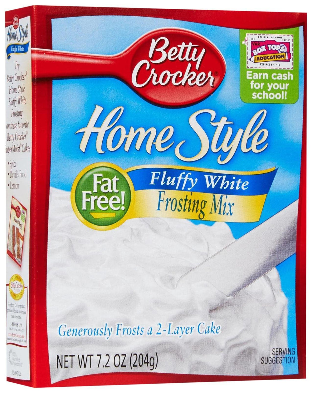 Betty Crocker White Fluffy Frosting box on a kitchen counter, ready for cakes.