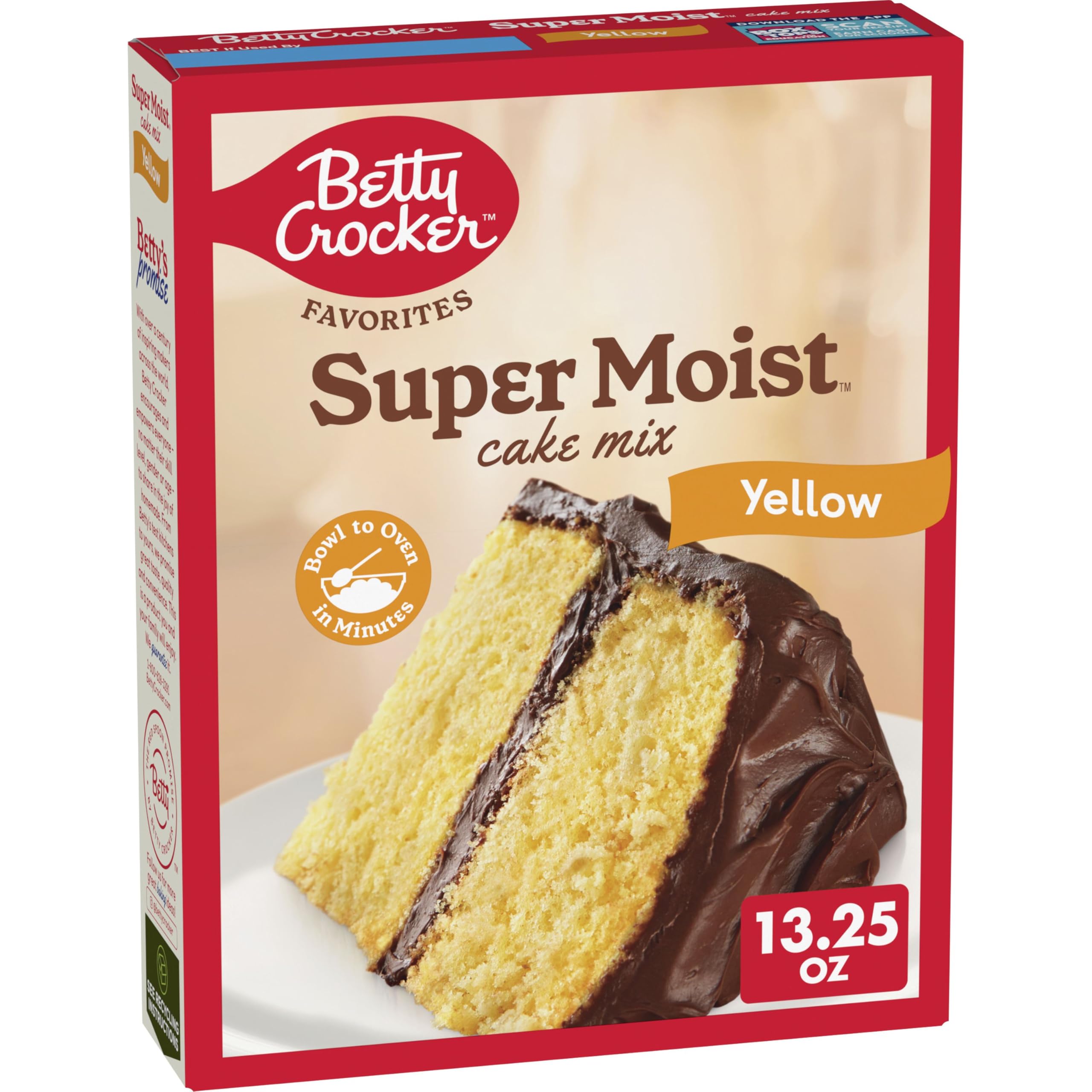 Betty Crocker Favorites Yellow Cake Mix box on a kitchen counter for easy baking