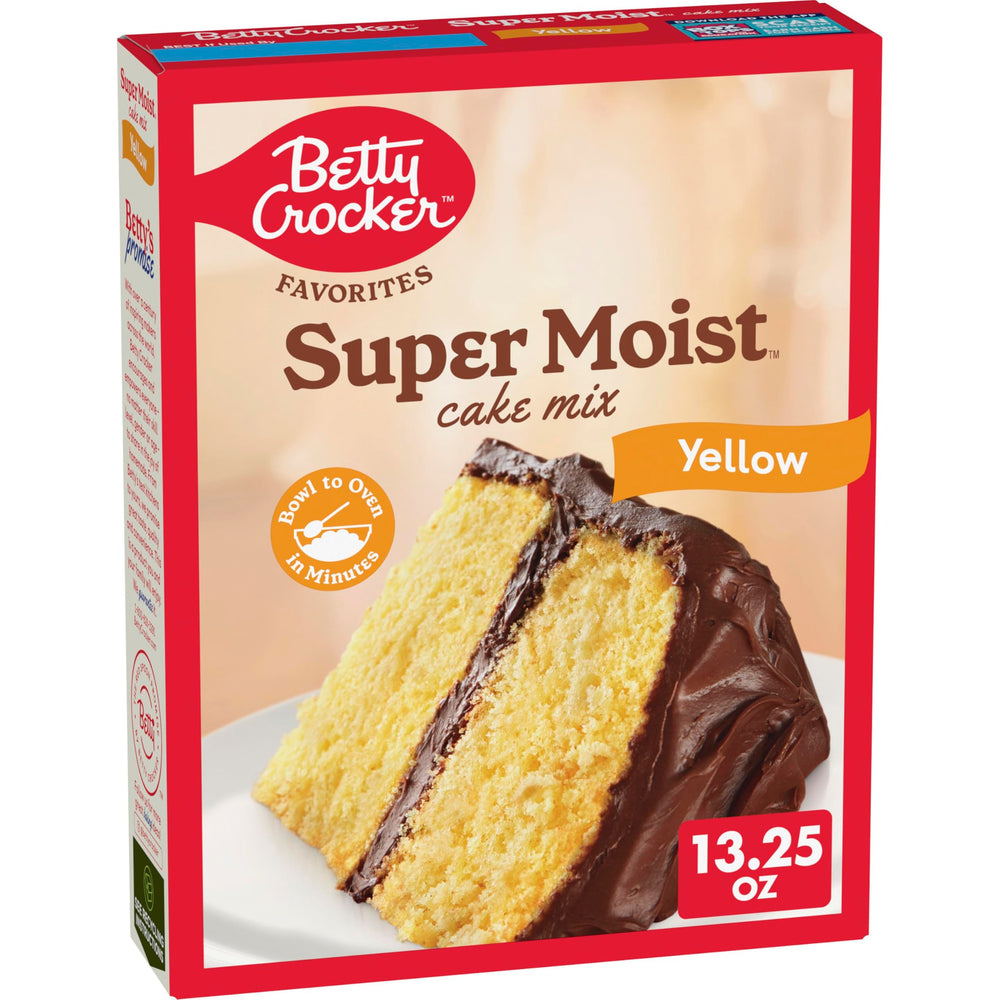 Betty Crocker Favorites Yellow Cake Mix box on a kitchen counter for easy baking