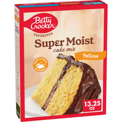 Betty Crocker Favorites Yellow Cake Mix box on a kitchen counter for easy baking