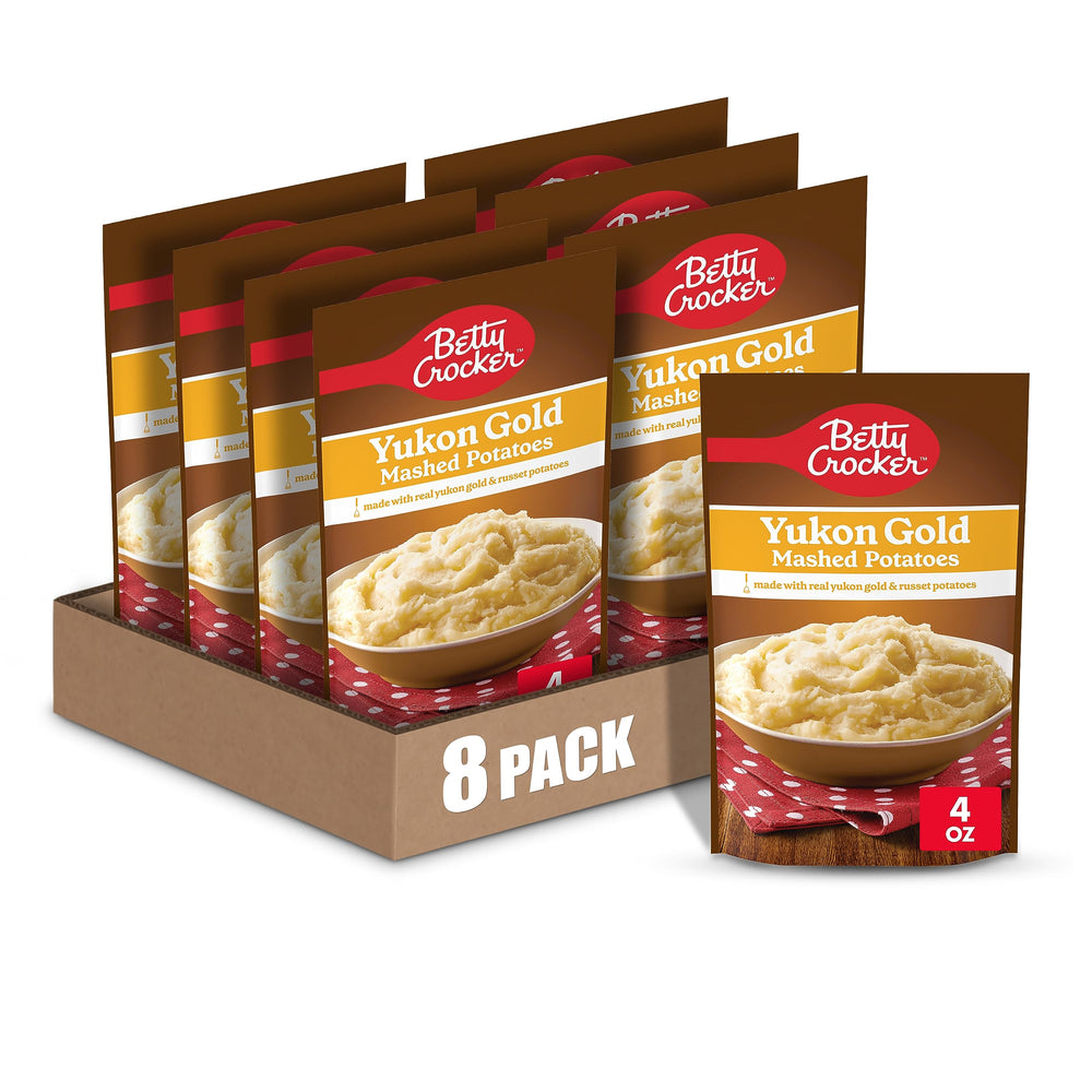 Betty Crocker Yukon Gold mashed potatoes packaging shows an eight-pack, convenient pantry staple.