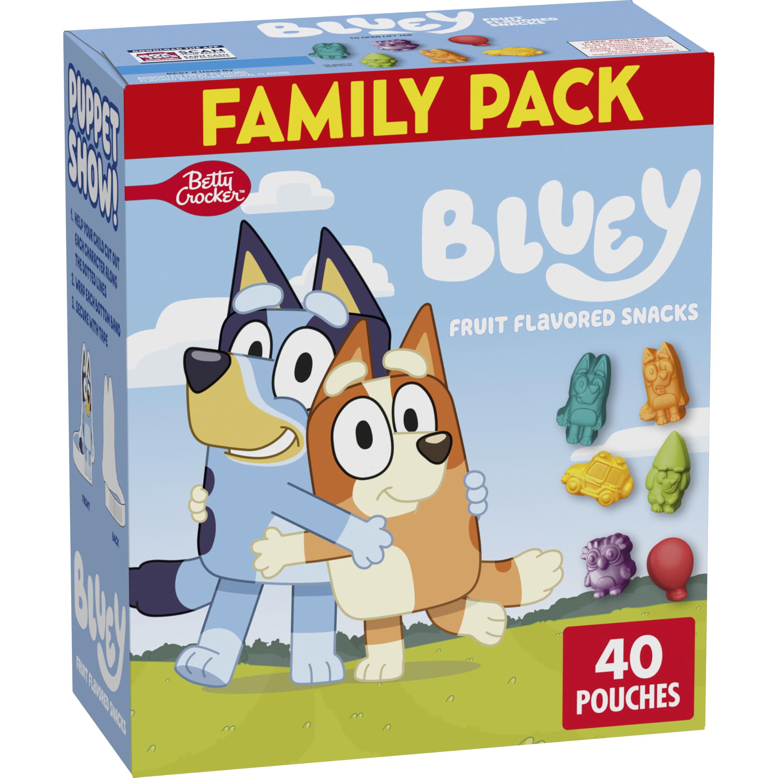 Betty Crocker Bluey fruit snacks box highlighting gluten-free, fat-free treats for family snacking.
