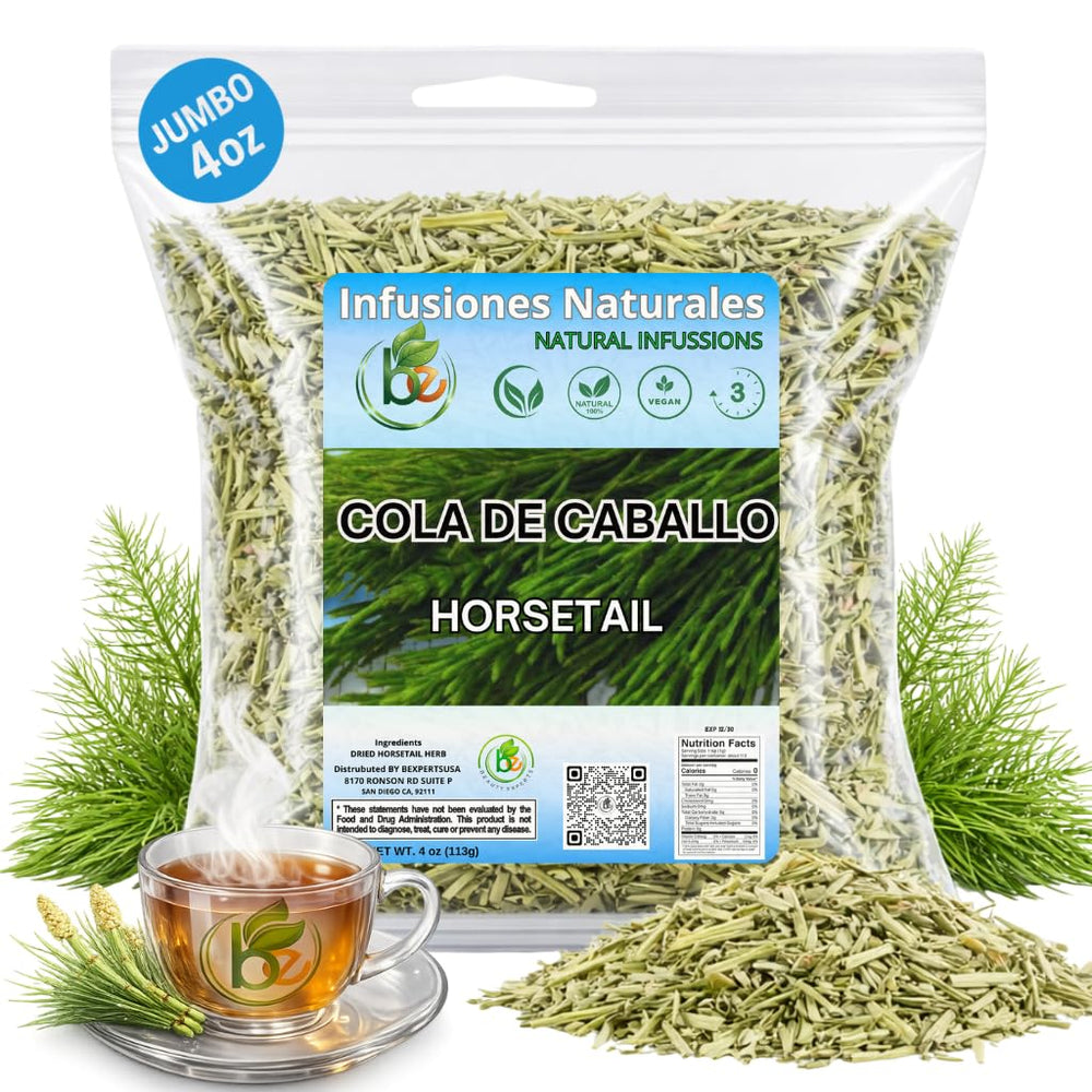 B-Experts Horsetail Tea loose-leaf close-up shows natural herb fibers for caffeine-free hydration.
