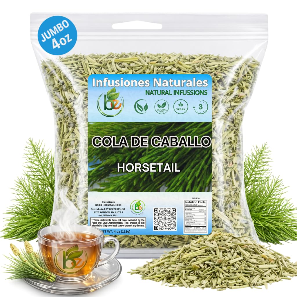 B-Experts Horsetail Tea loose-leaf close-up shows natural herb fibers for caffeine-free hydration.