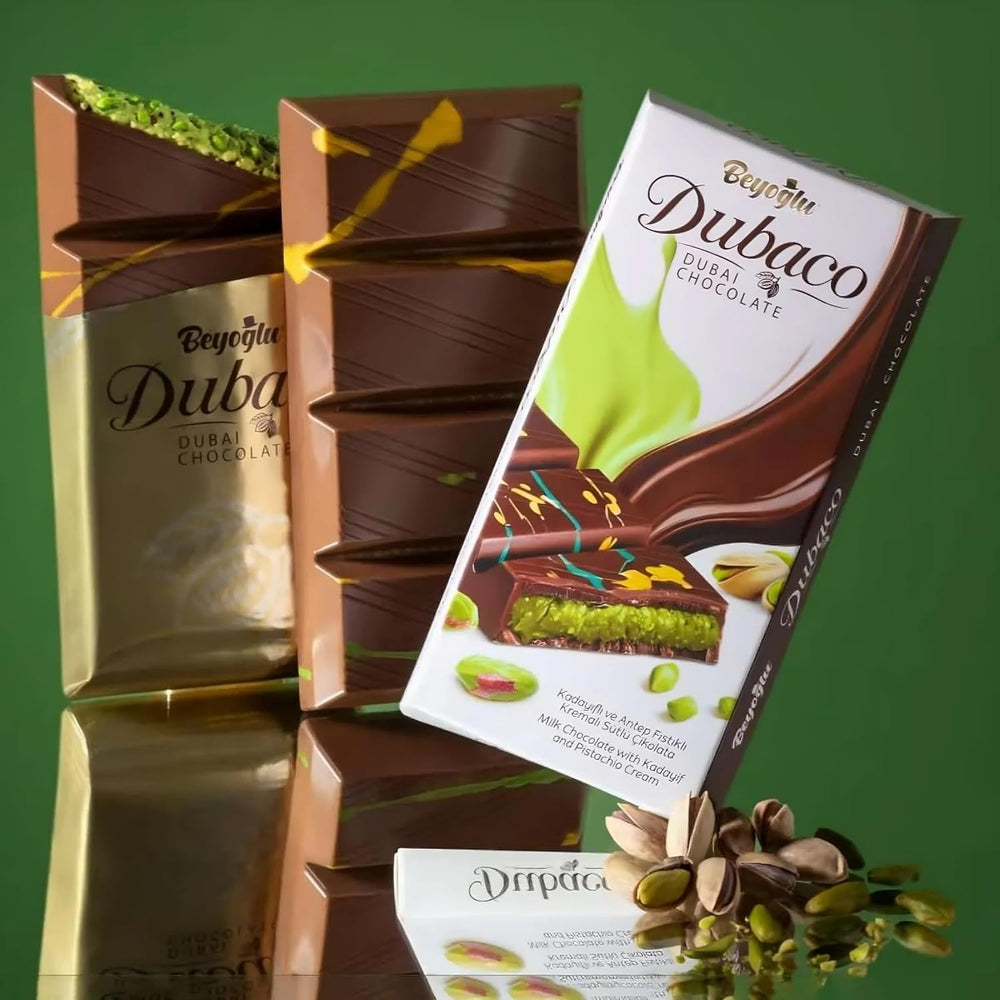 7.05 oz Beyoglu Dubaco Dubai chocolate bar ready for sharing