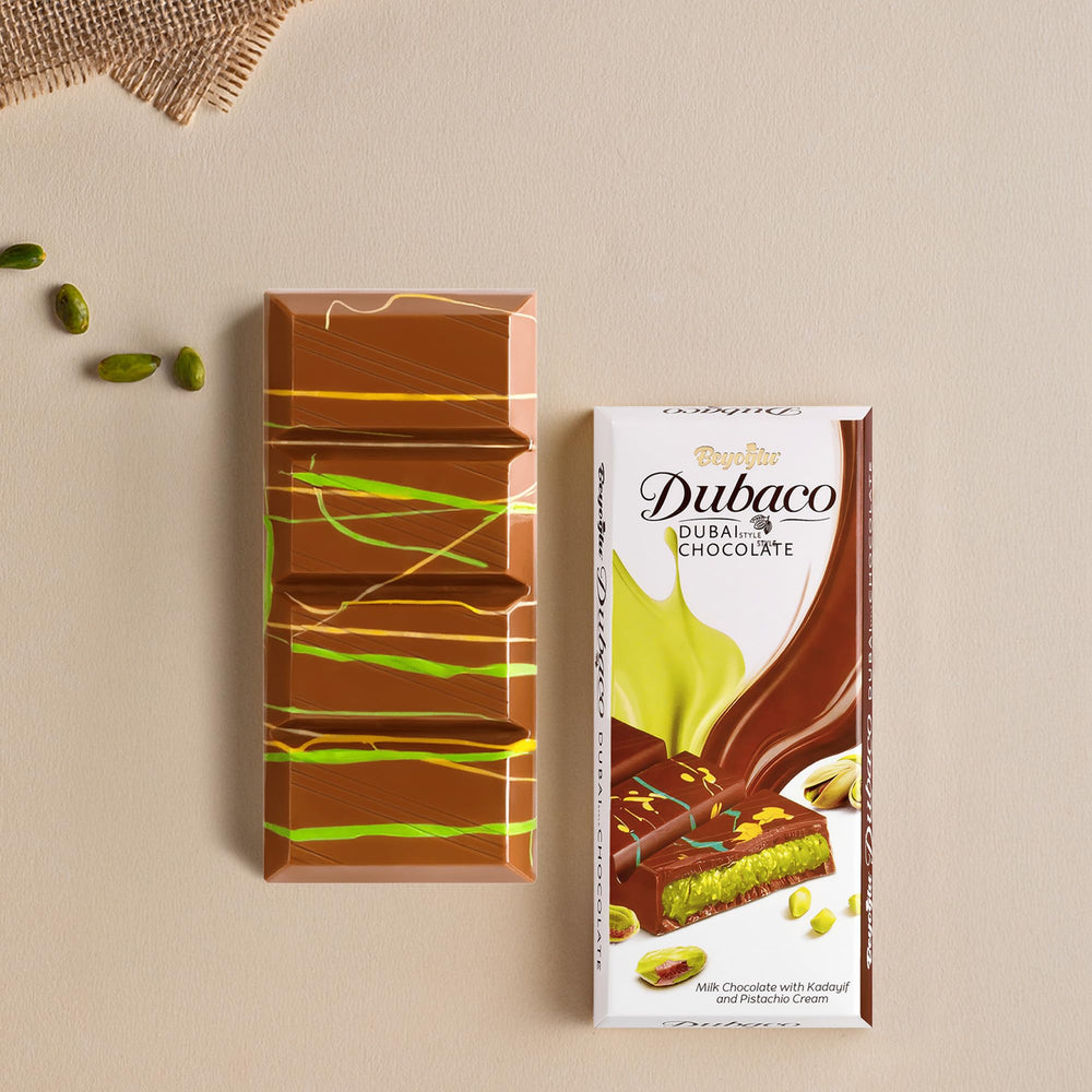 Beyoglu Dubaco Dubai chocolate bar beside coffee, inviting pairing.
