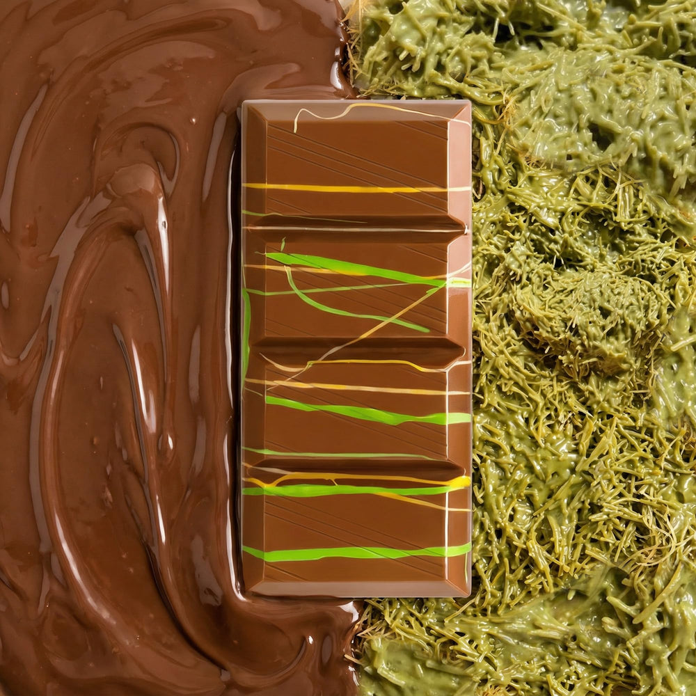 Foil-packaging detail of Beyoglu Dubaco Dubai chocolate bar.