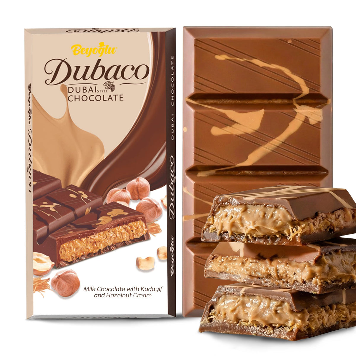 Beyoglu Dubaco Dubai chocolate bar with hazelnut cream highlighting premium texture and aroma