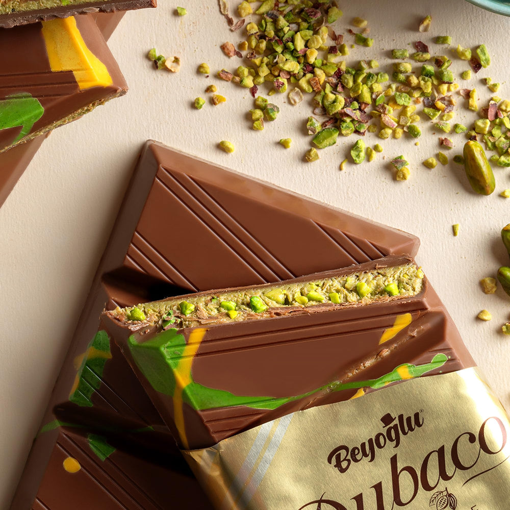 Gift-ready Beyoglu Dubaco Dubai chocolate bar in elegant packaging
