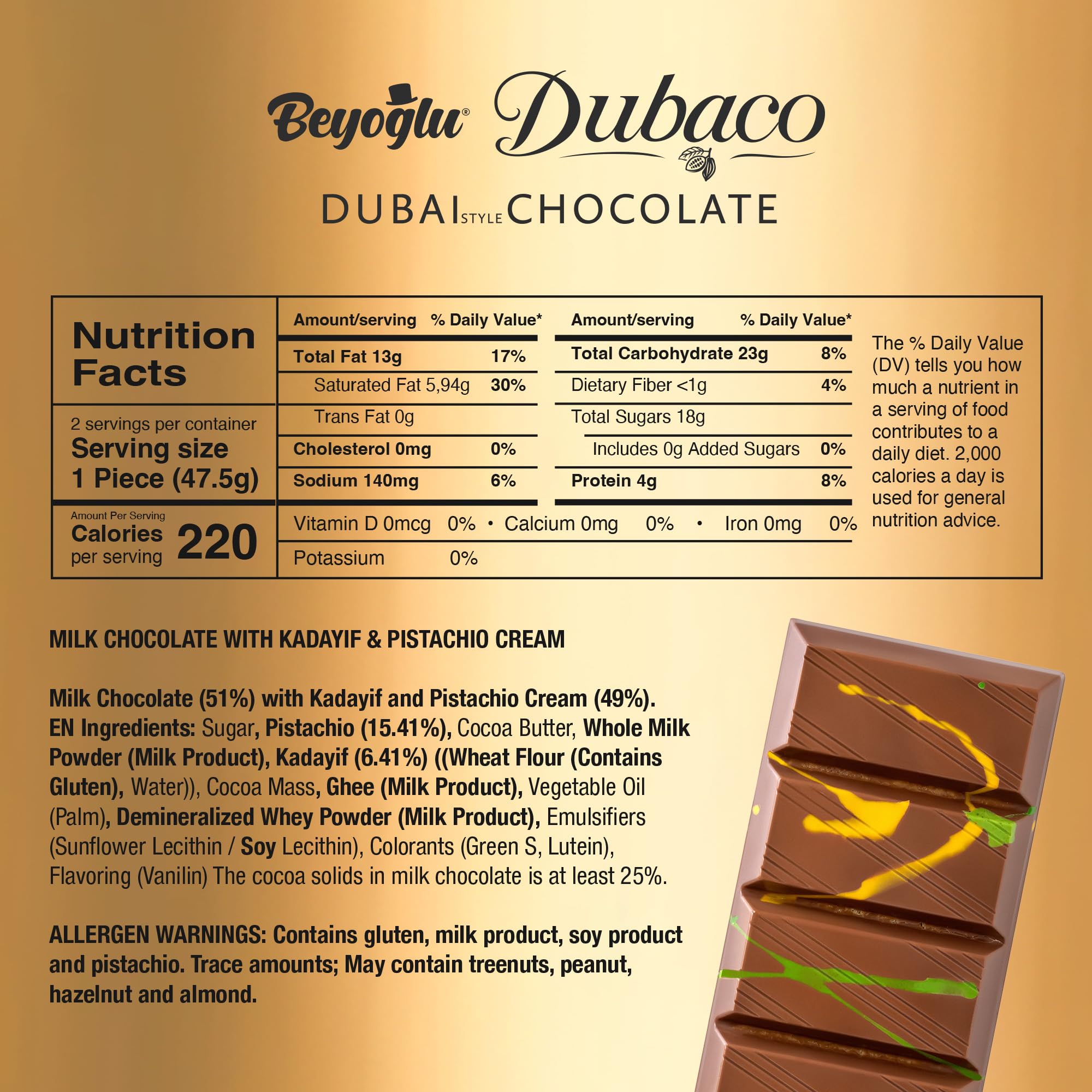 Beyoglu Dubaco Dubai chocolate bar with pistachios for premium crunch.