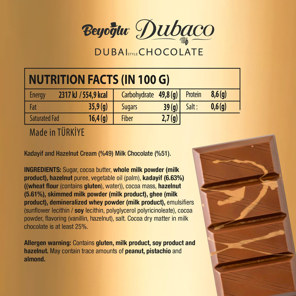 Beyoglu Dubaco Dubai chocolate bar showcases roasted hazelnuts for a satisfying crunch