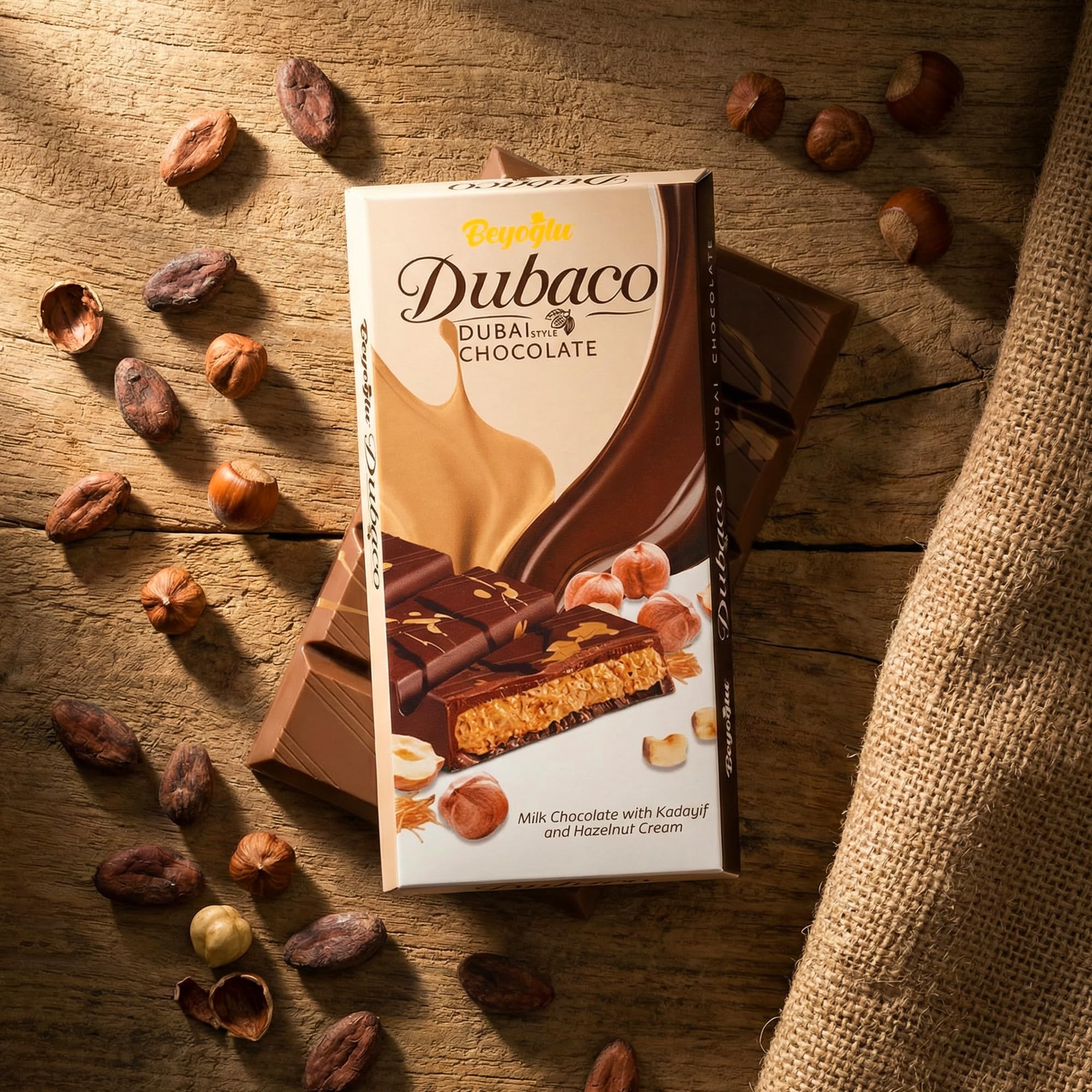 Luxurious Dubai inspired milk chocolate melts smoothly with silky cocoa and nutty filling