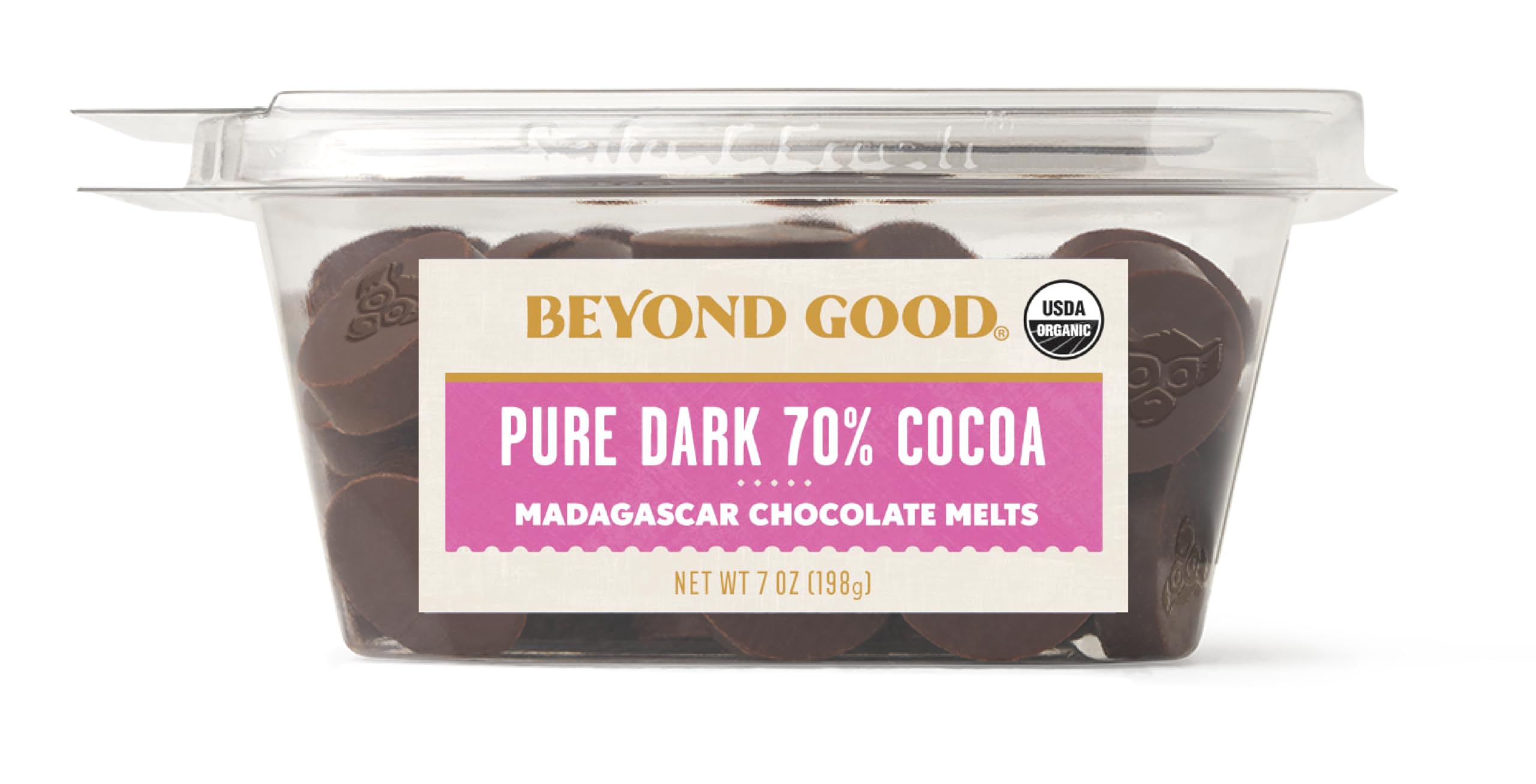 Beyond Good 70% dark chocolate melts in packaging, ideal for snacking and baking