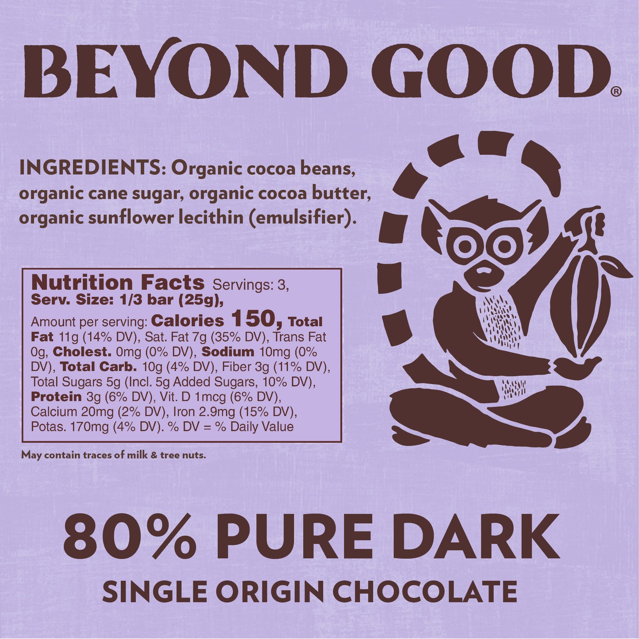 Beyond Good 80% cacao cross-section highlights rich texture for dark chocolate fans.