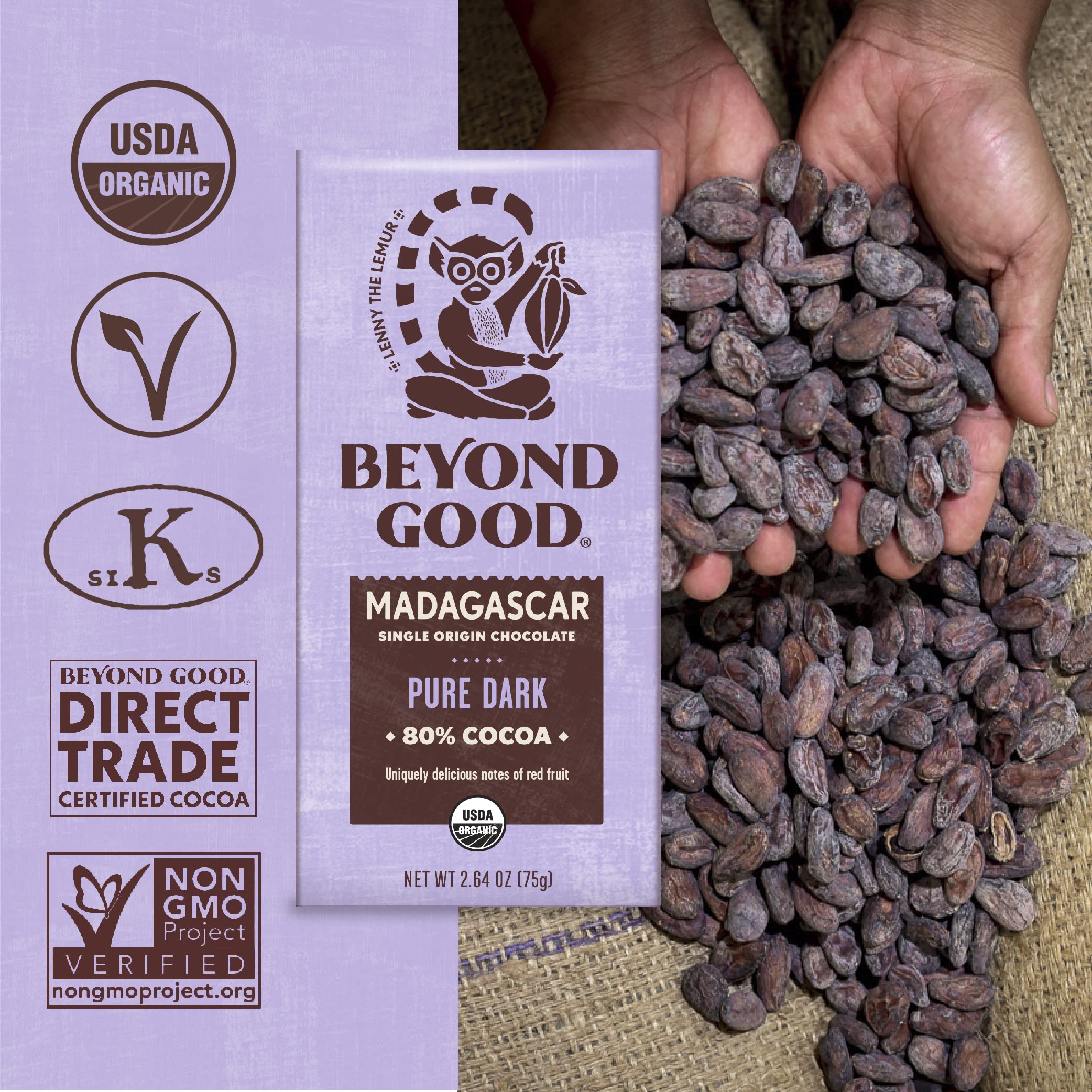 Beyond Good direct-trade farm visual showcases farmer partnerships and quality cacao.